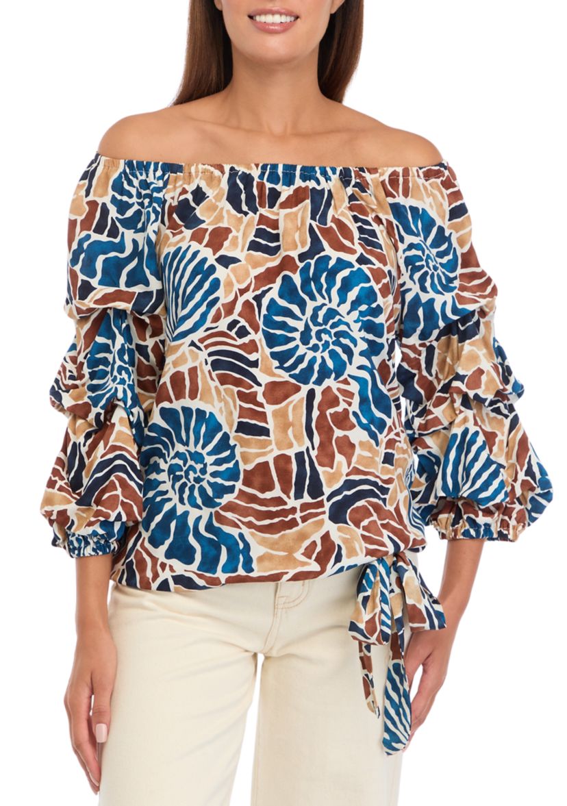 Womens Off the Shoulder Cha Cha Sleeve Snail Print Blouse