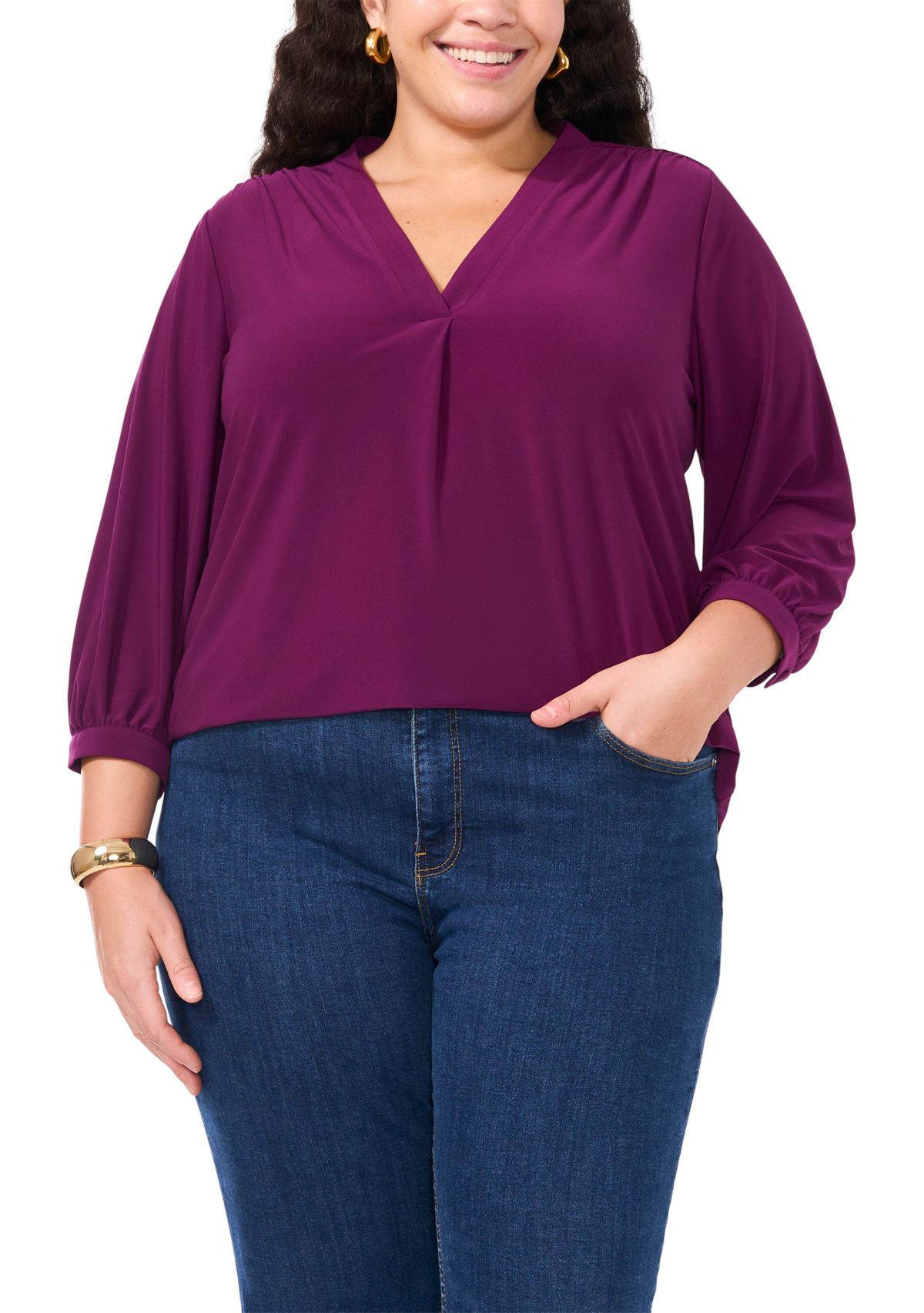 Plus Size Knit Split Neck Blouse