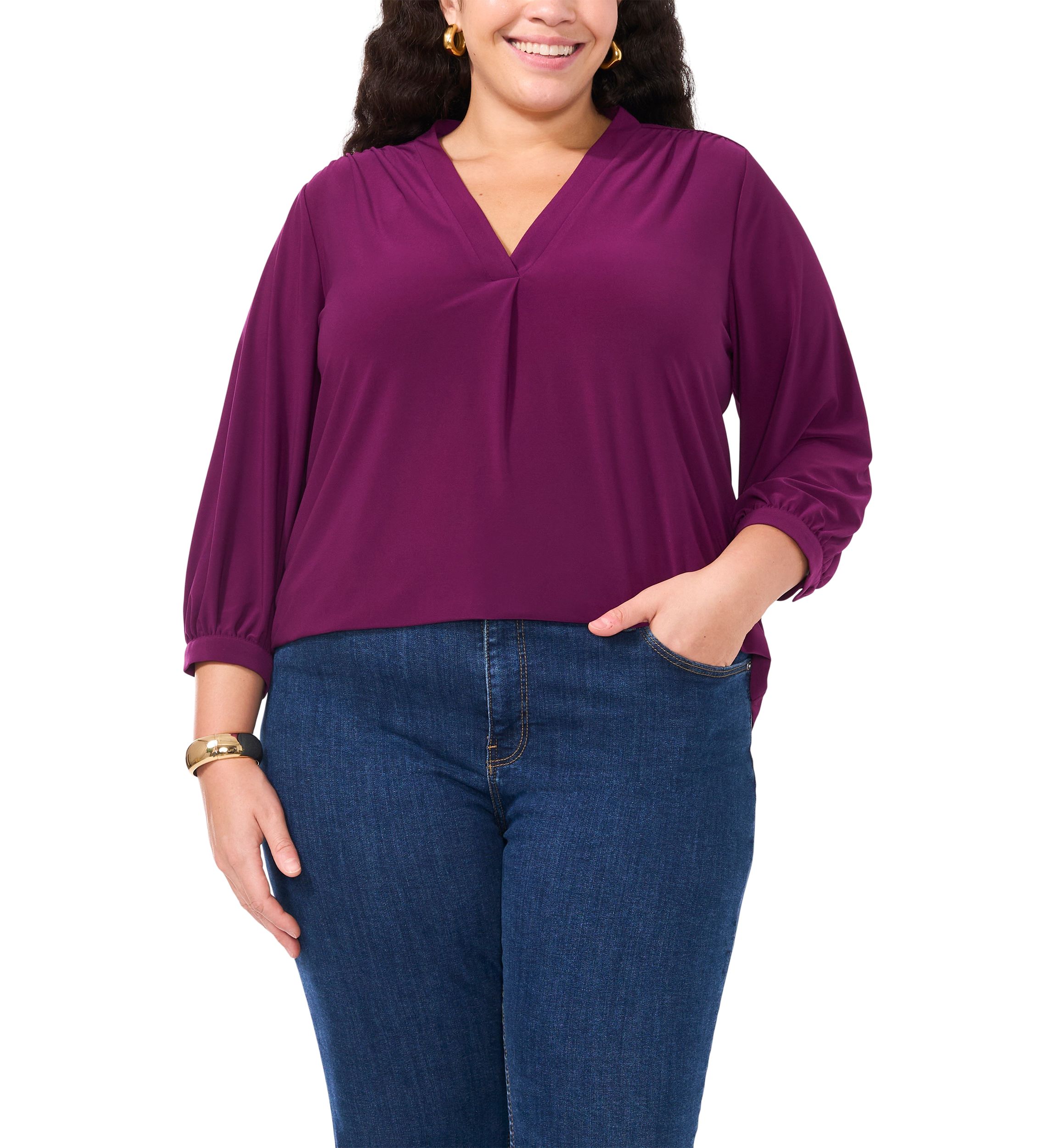 Plus Size Knit Split Neck Blouse