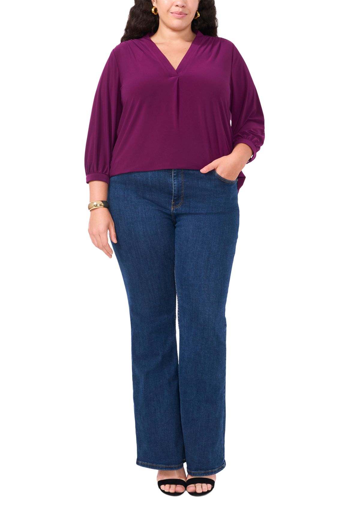 Plus Size Knit Split Neck Blouse