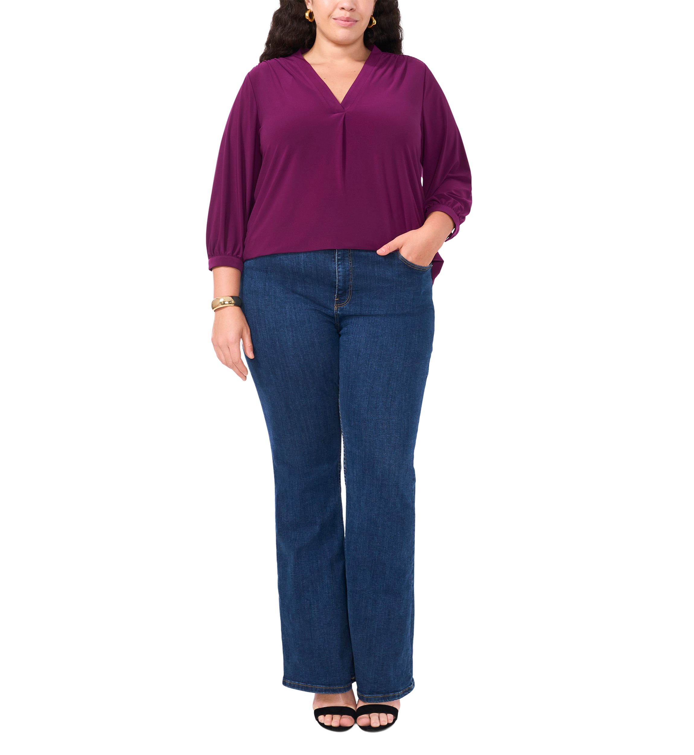 Plus Size Knit Split Neck Blouse