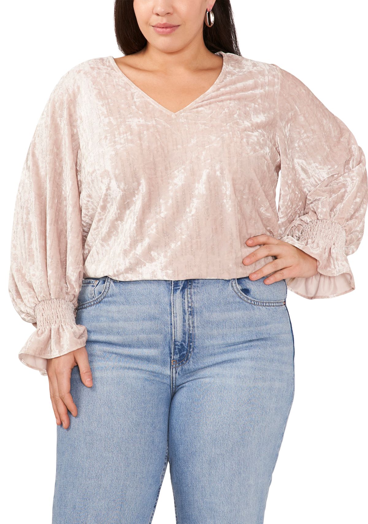 Plus Size Long Sleeve V-Neck Velvet Blouse