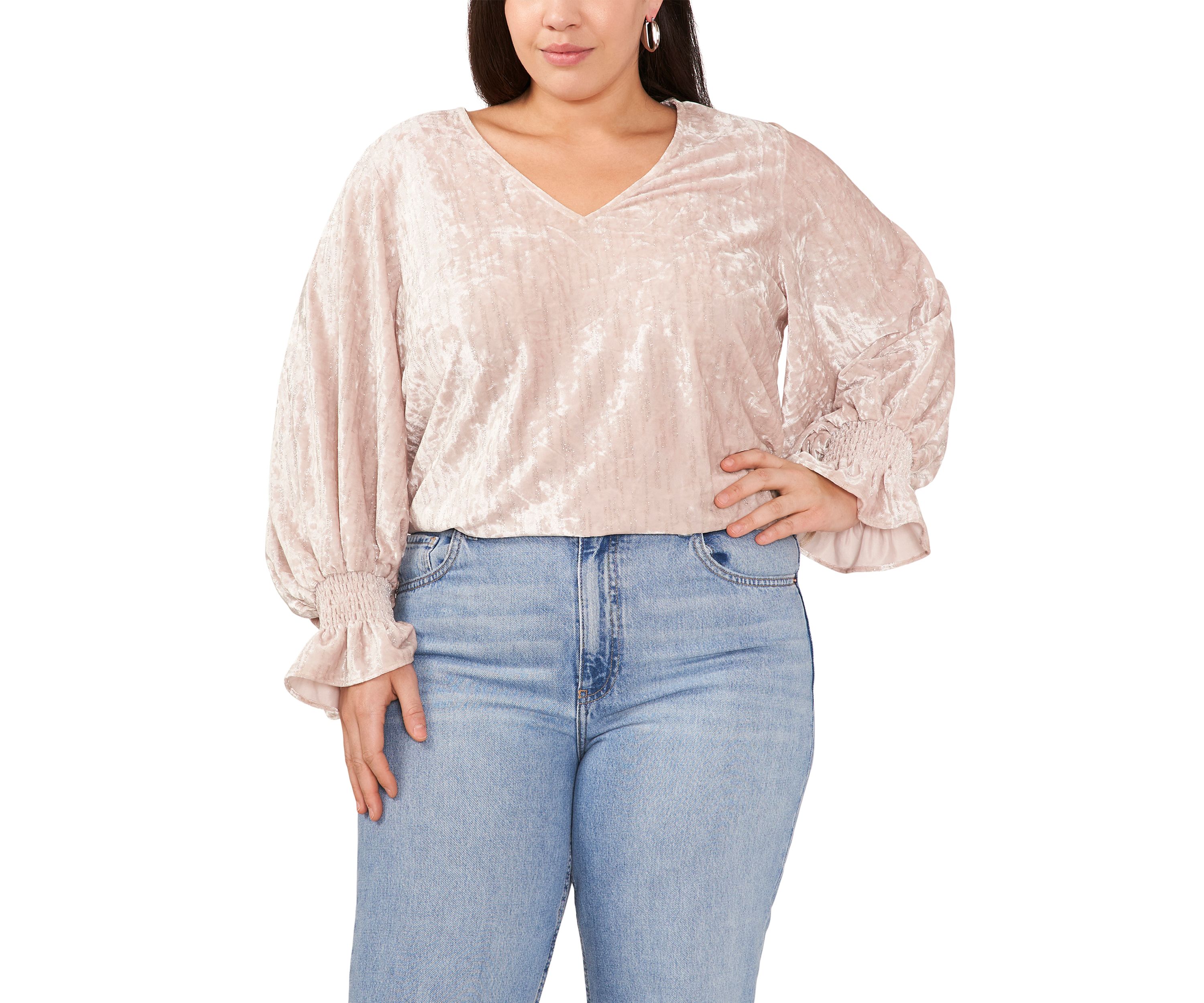 Plus Size Long Sleeve V-Neck Velvet Blouse