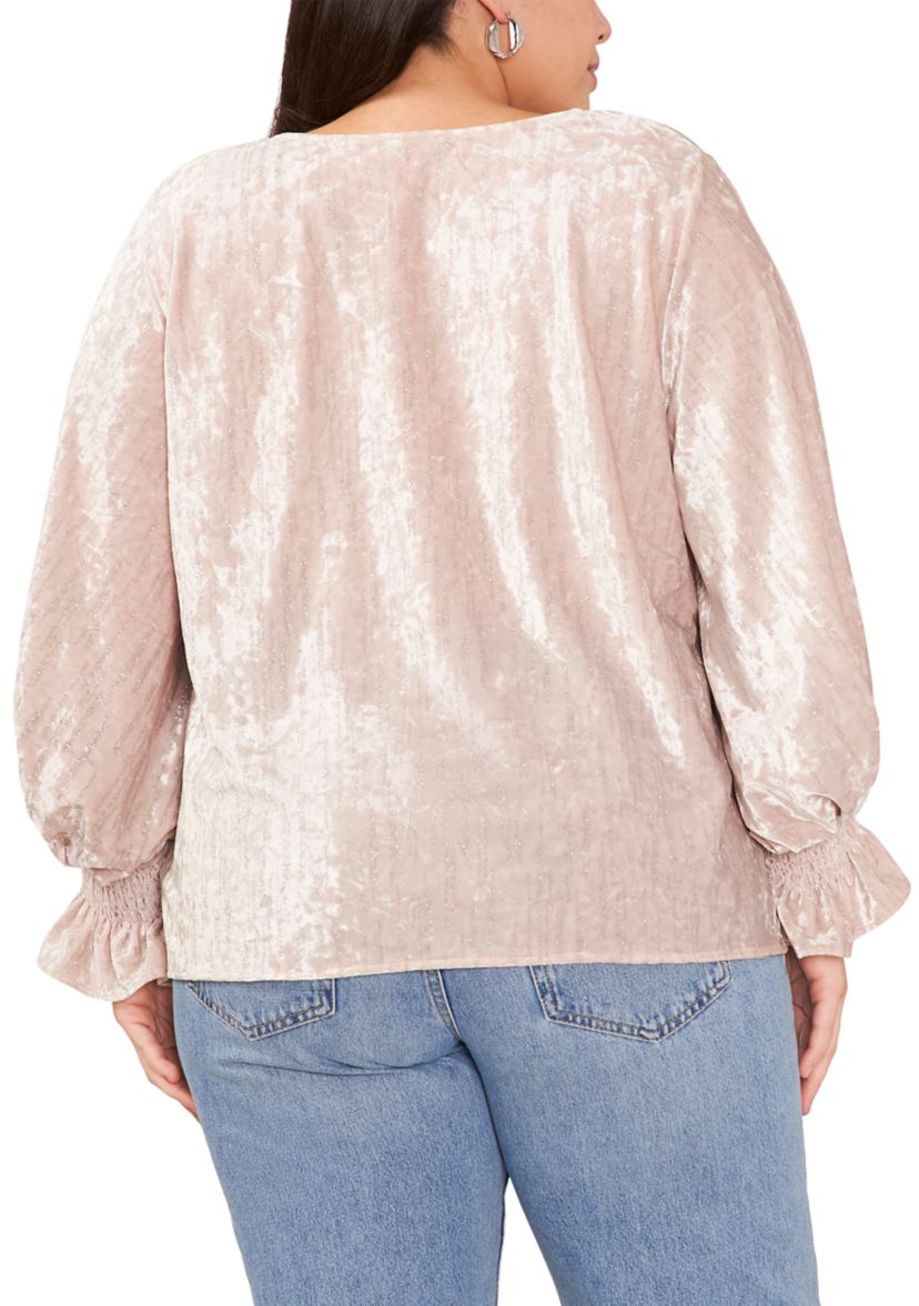 Plus Size Long Sleeve V-Neck Velvet Blouse