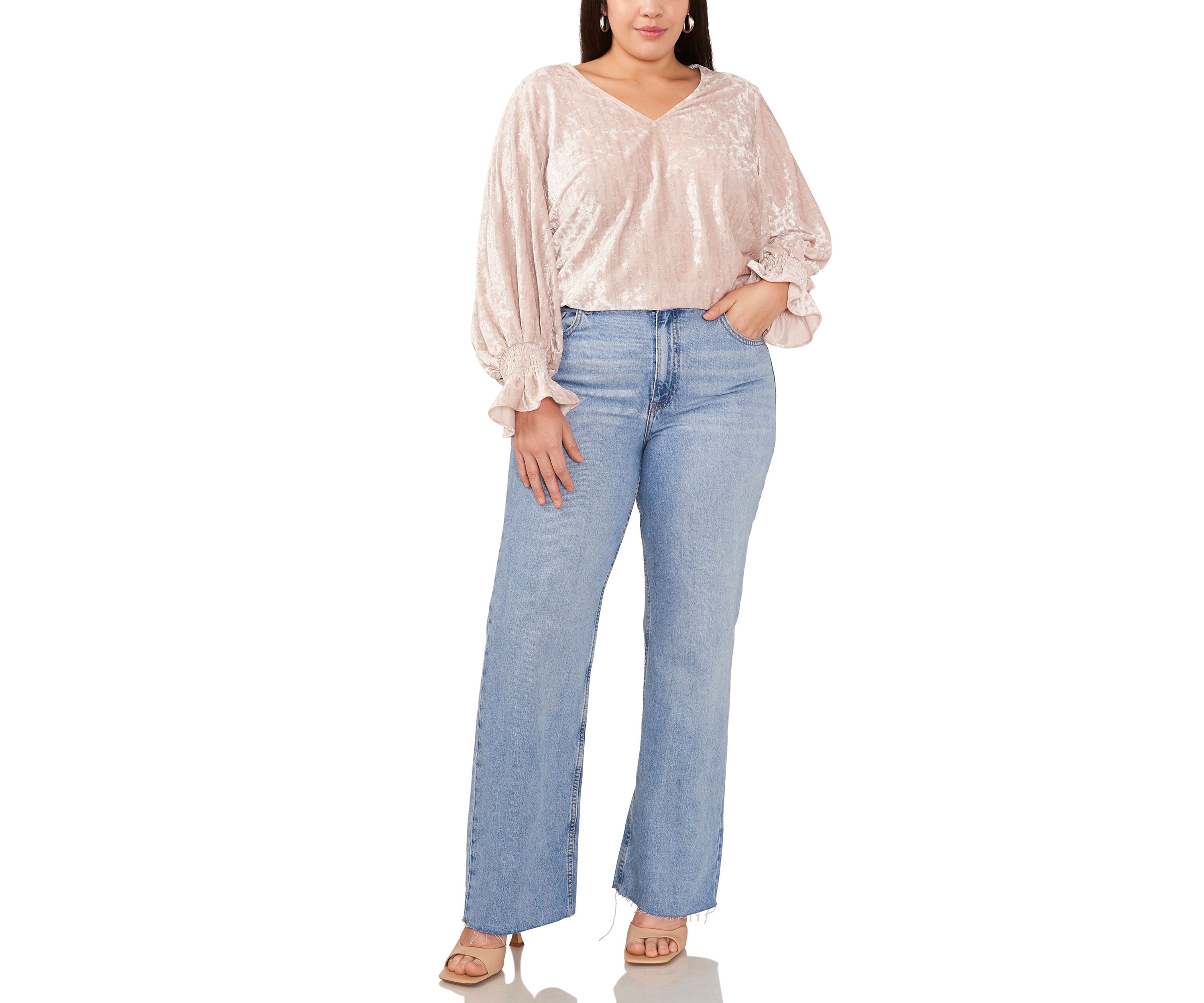 Plus Size Long Sleeve V-Neck Velvet Blouse