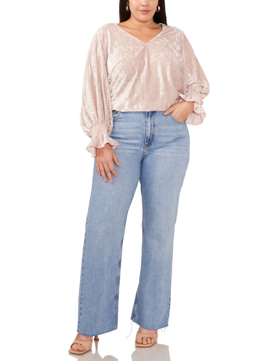 Plus Size Long Sleeve V-Neck Velvet Blouse