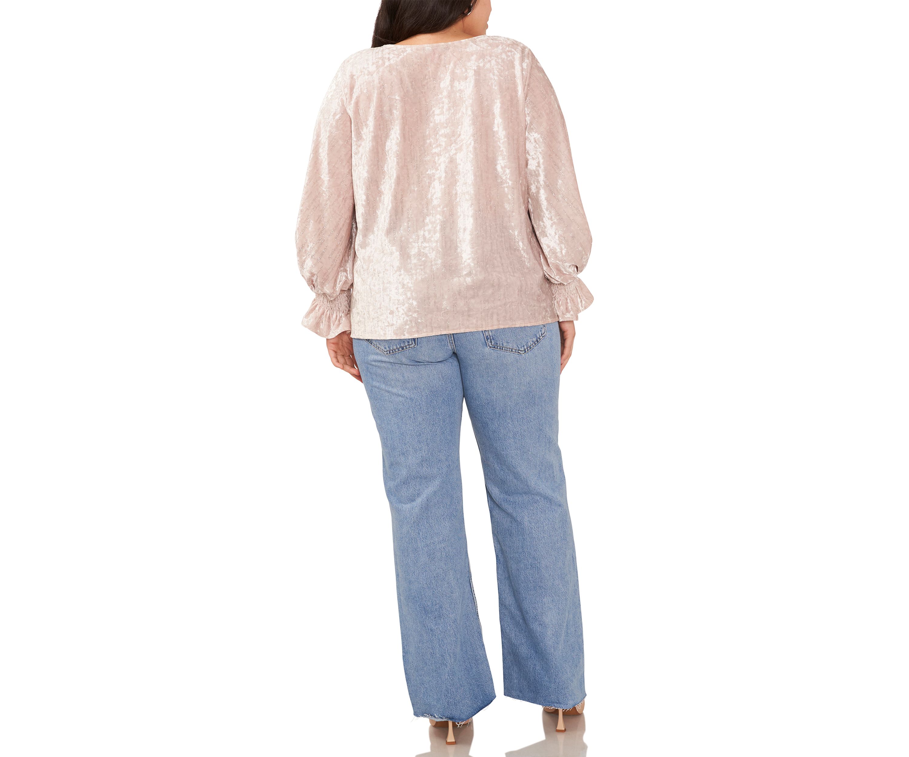 Plus Size Long Sleeve V-Neck Velvet Blouse