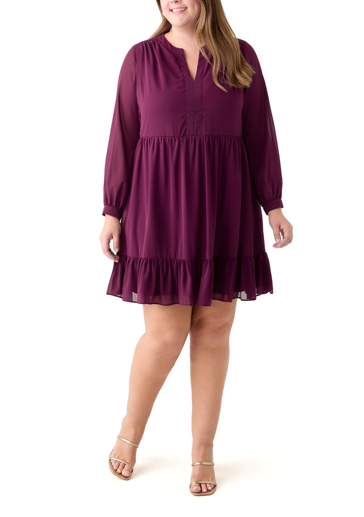 Plus Size Long Sleeve Split Neck Babydoll Dress