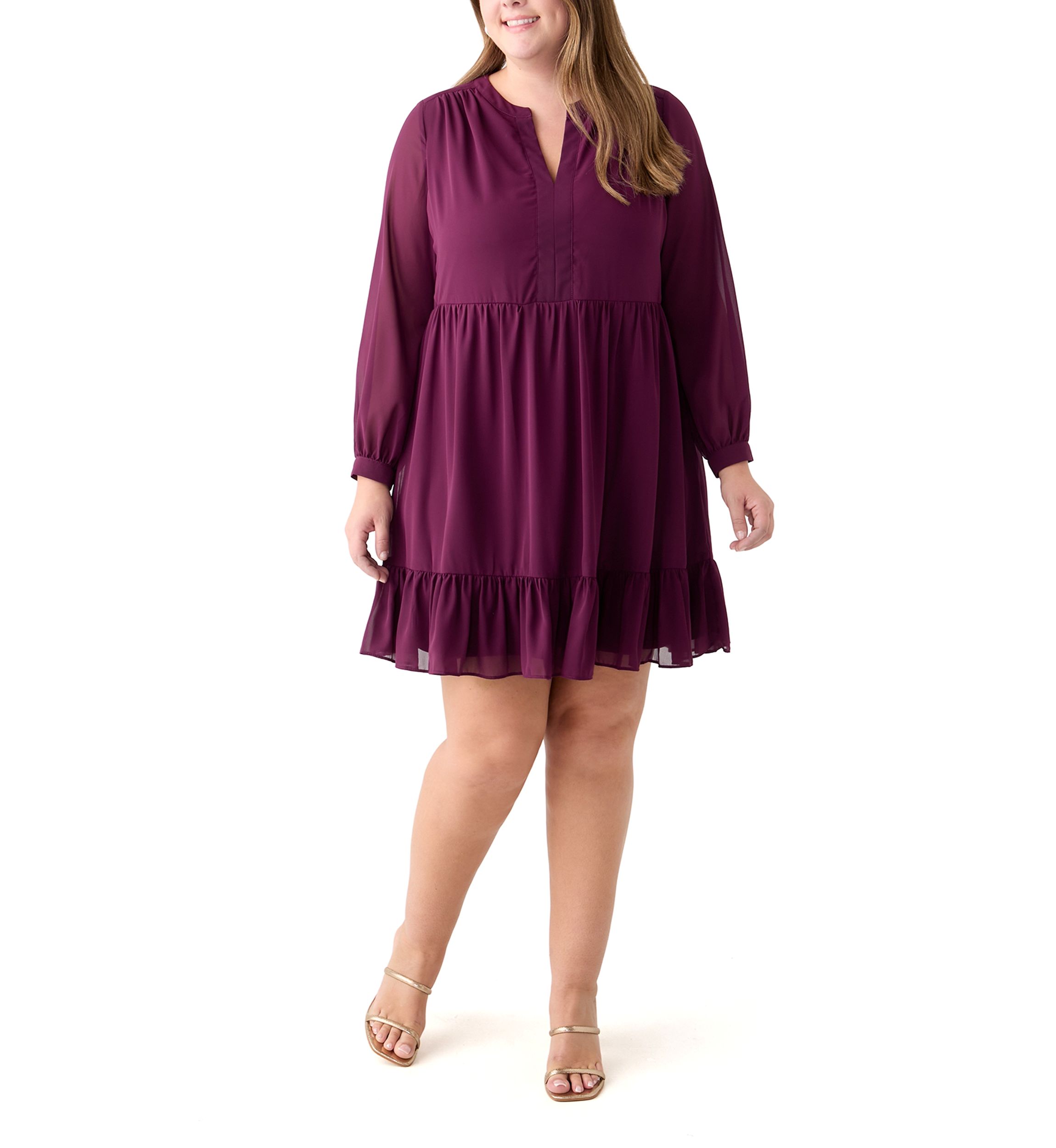 Plus Size Long Sleeve Split Neck Babydoll Dress