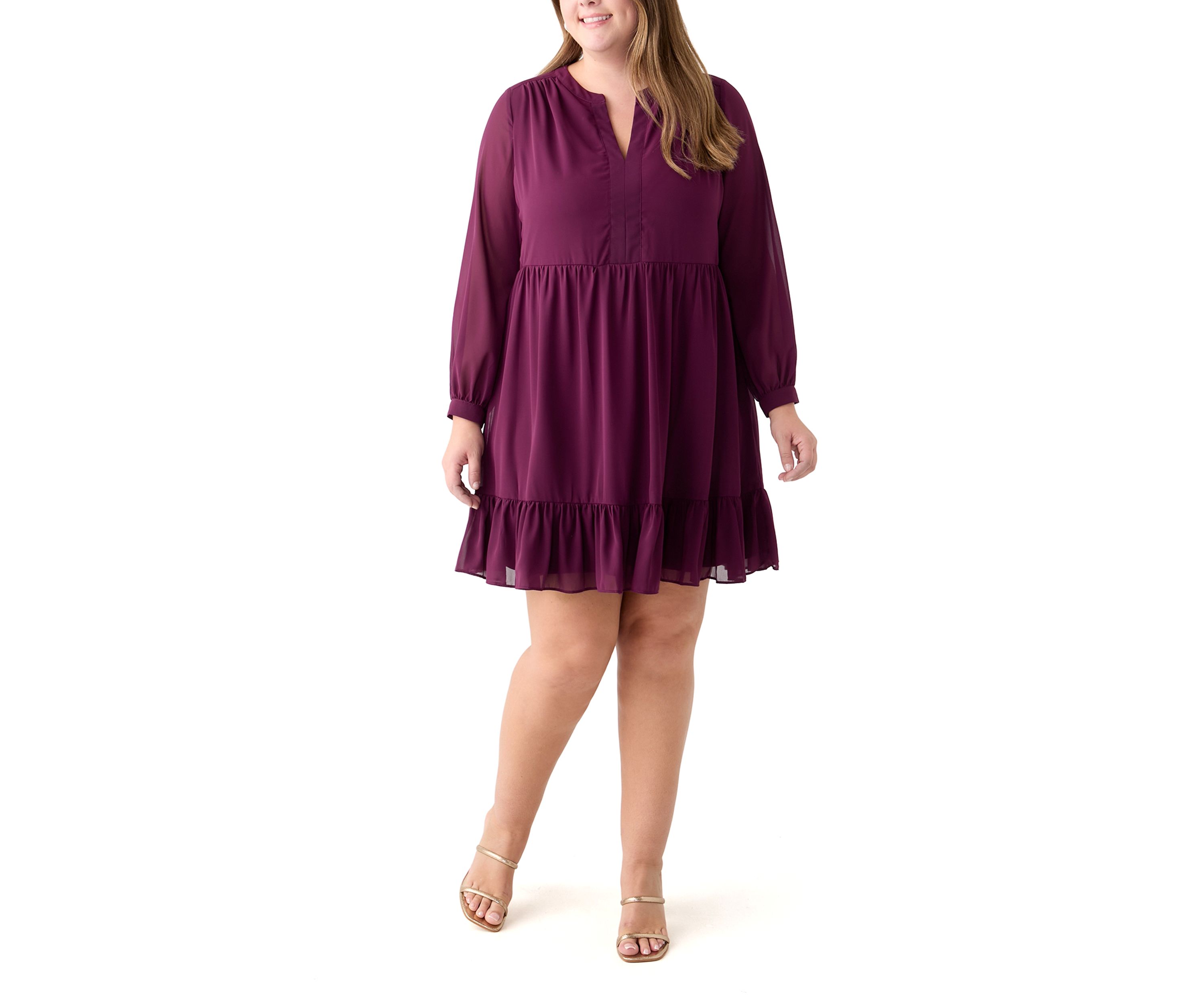 Plus Size Long Sleeve Split Neck Babydoll Dress
