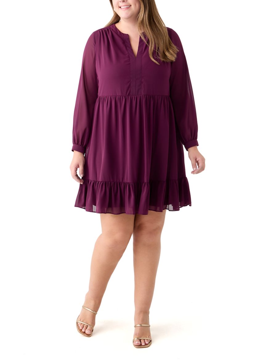 Plus Size Long Sleeve Split Neck Babydoll Dress