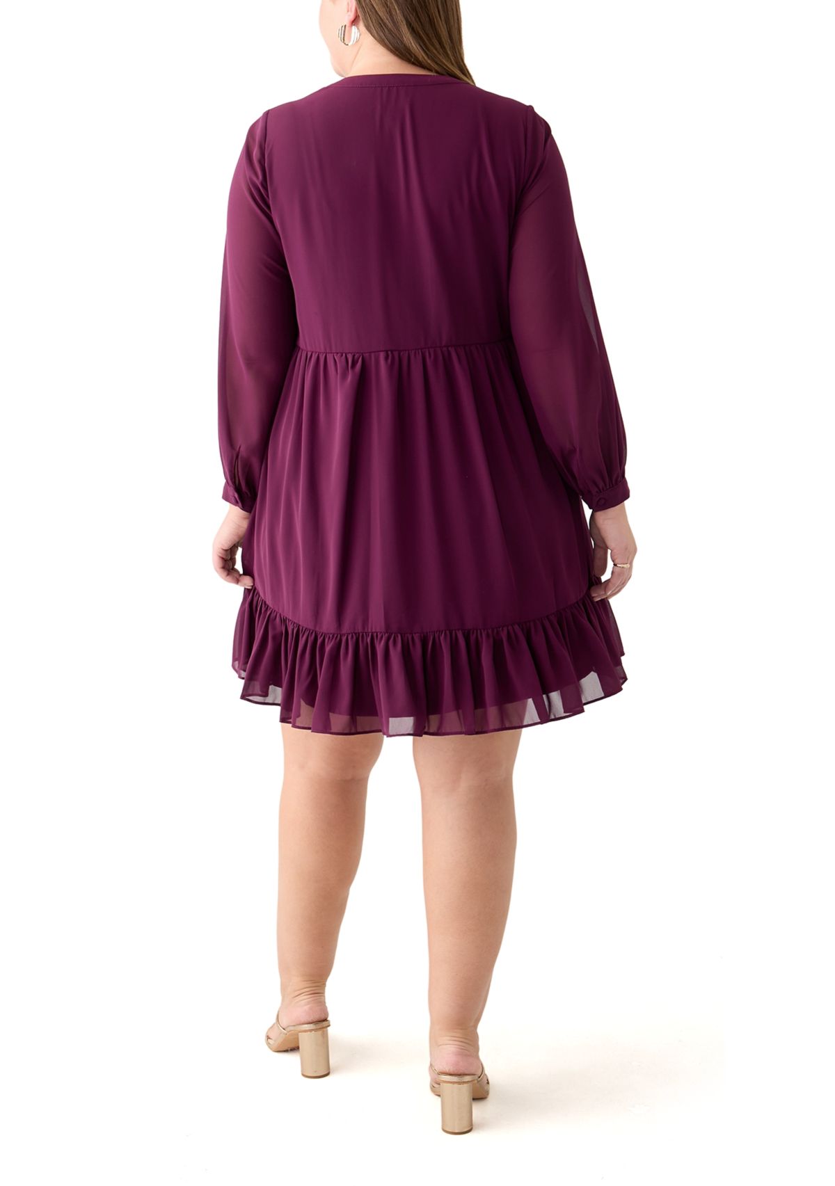 Plus Size Long Sleeve Split Neck Babydoll Dress