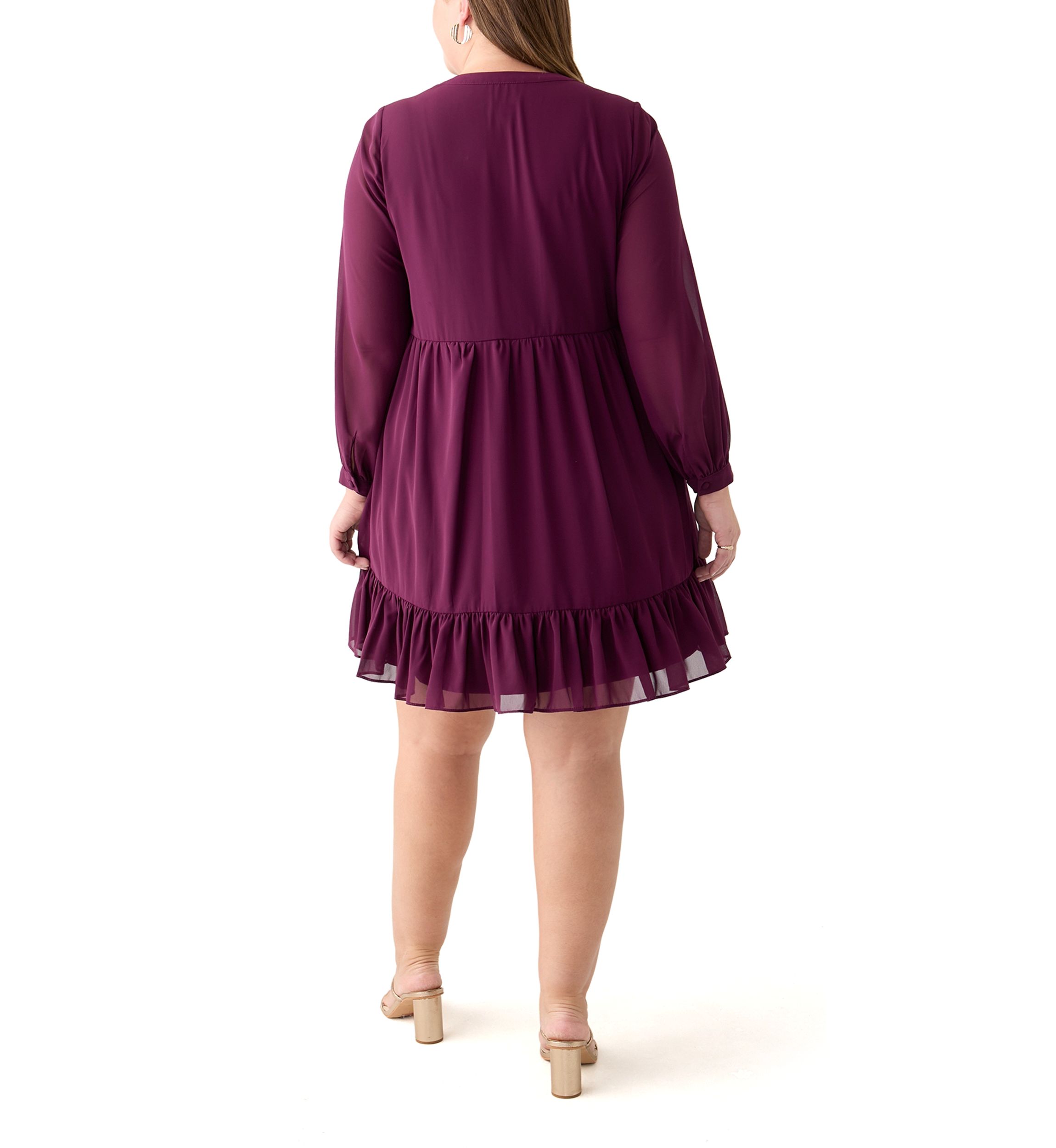 Plus Size Long Sleeve Split Neck Babydoll Dress
