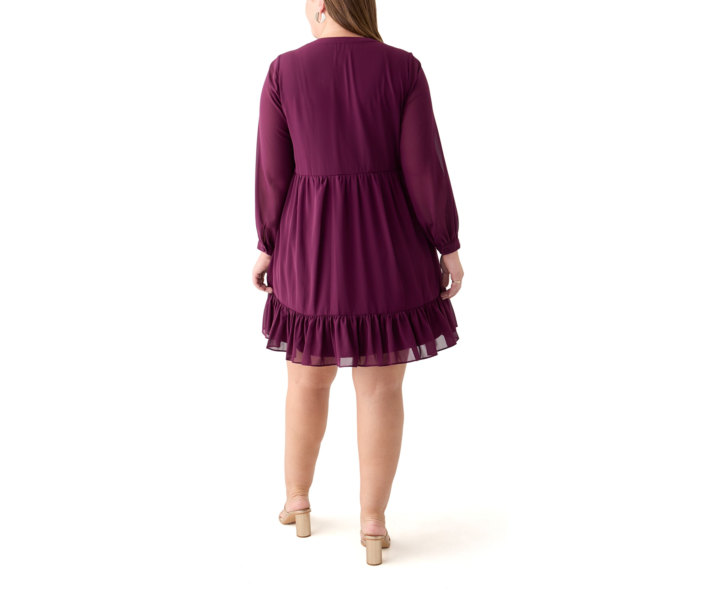 Plus Size Long Sleeve Split Neck Babydoll Dress