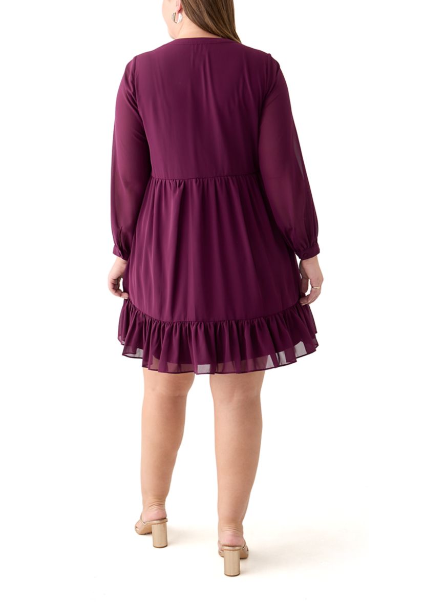 Plus Size Long Sleeve Split Neck Babydoll Dress