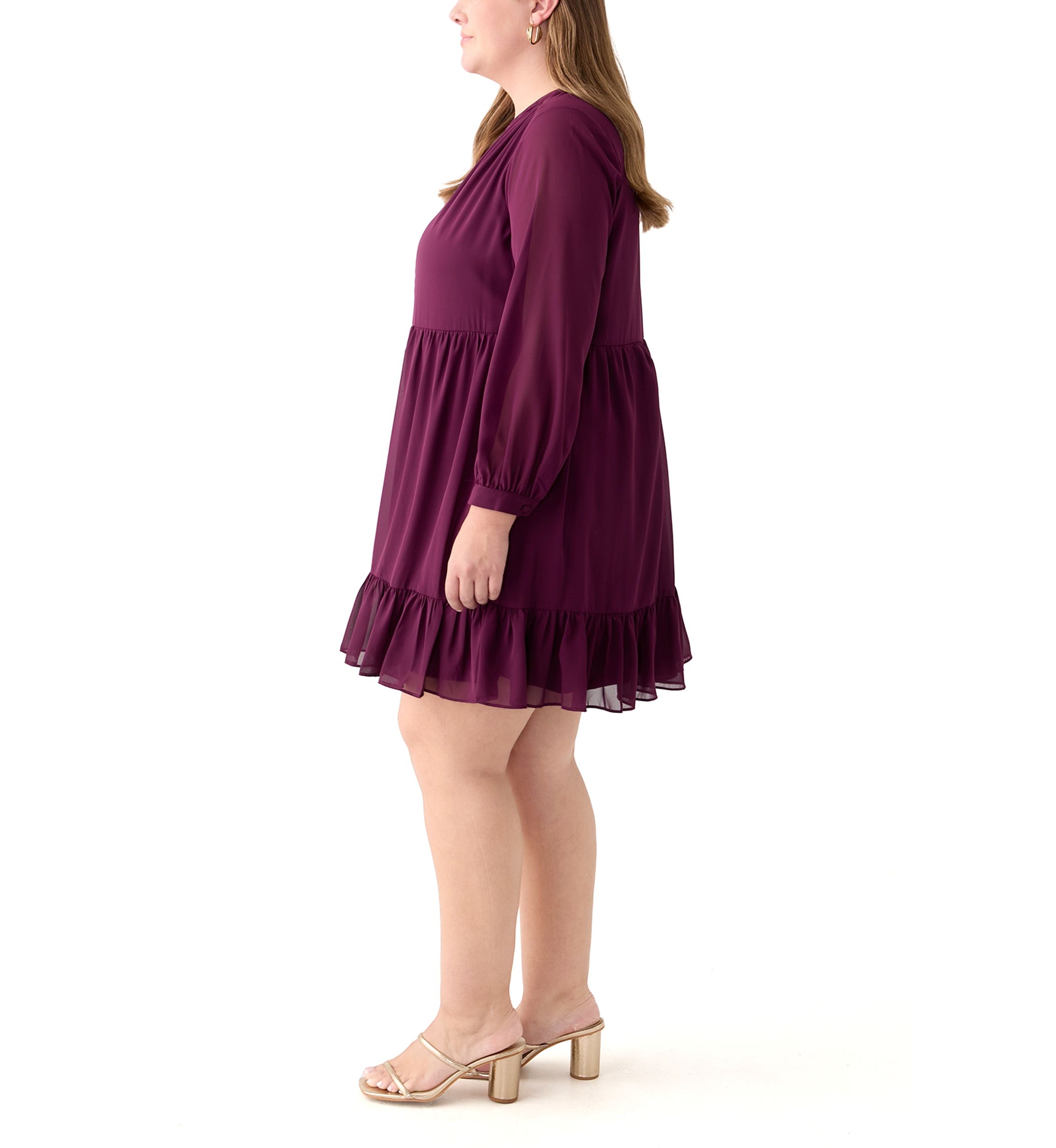 Plus Size Long Sleeve Split Neck Babydoll Dress