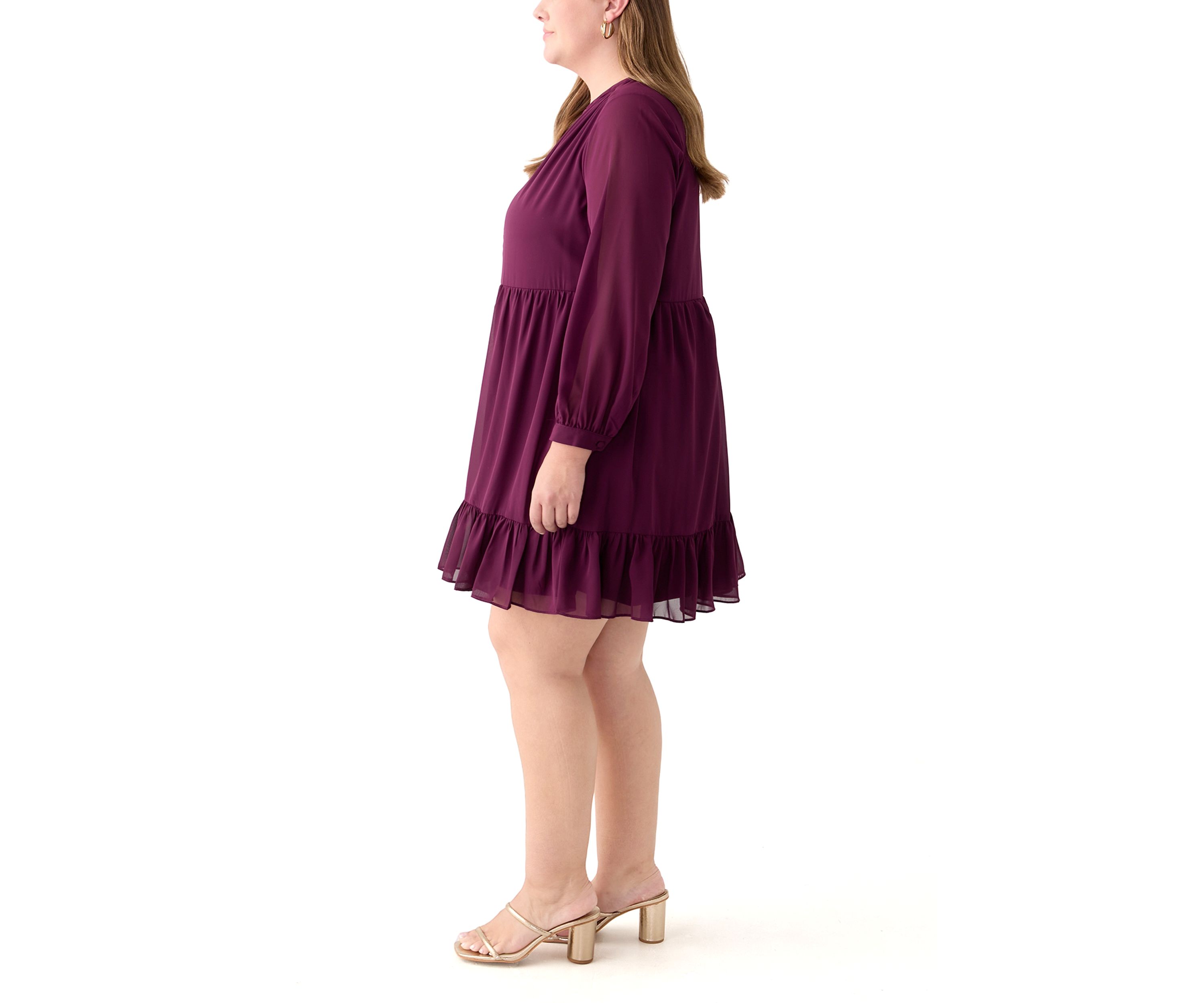 Plus Size Long Sleeve Split Neck Babydoll Dress