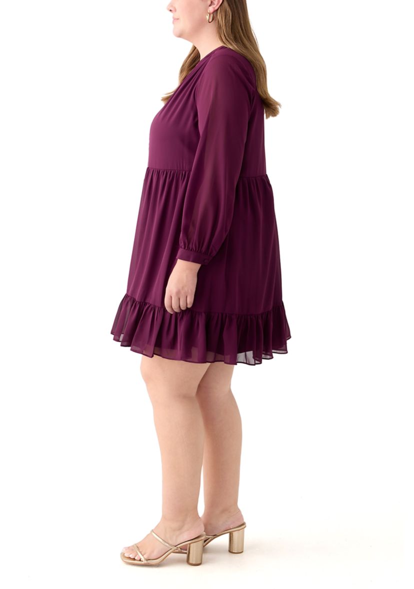 Plus Size Long Sleeve Split Neck Babydoll Dress
