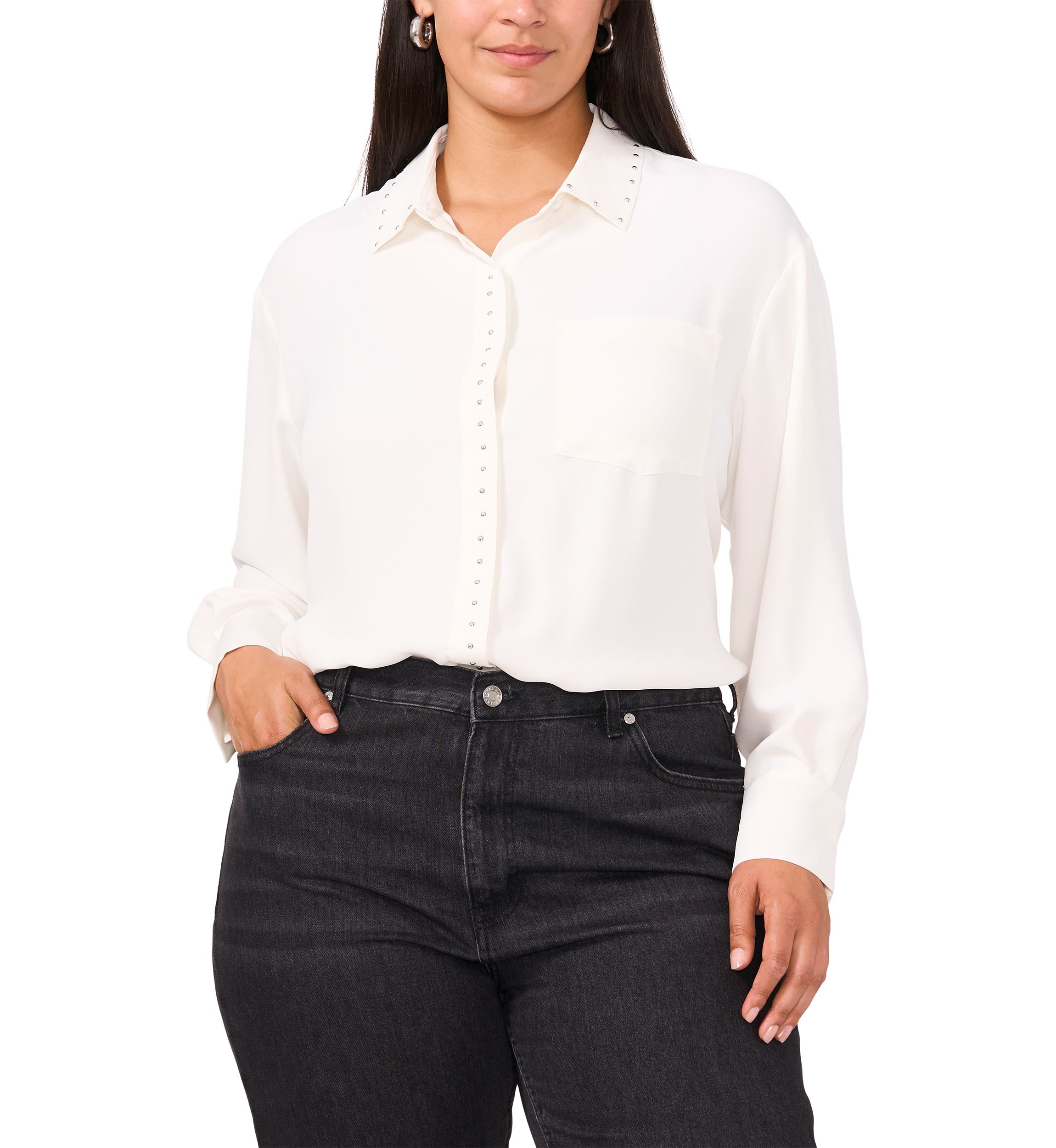 Plus Size Long Sleeve Lurex Stripe Button Down Blouse