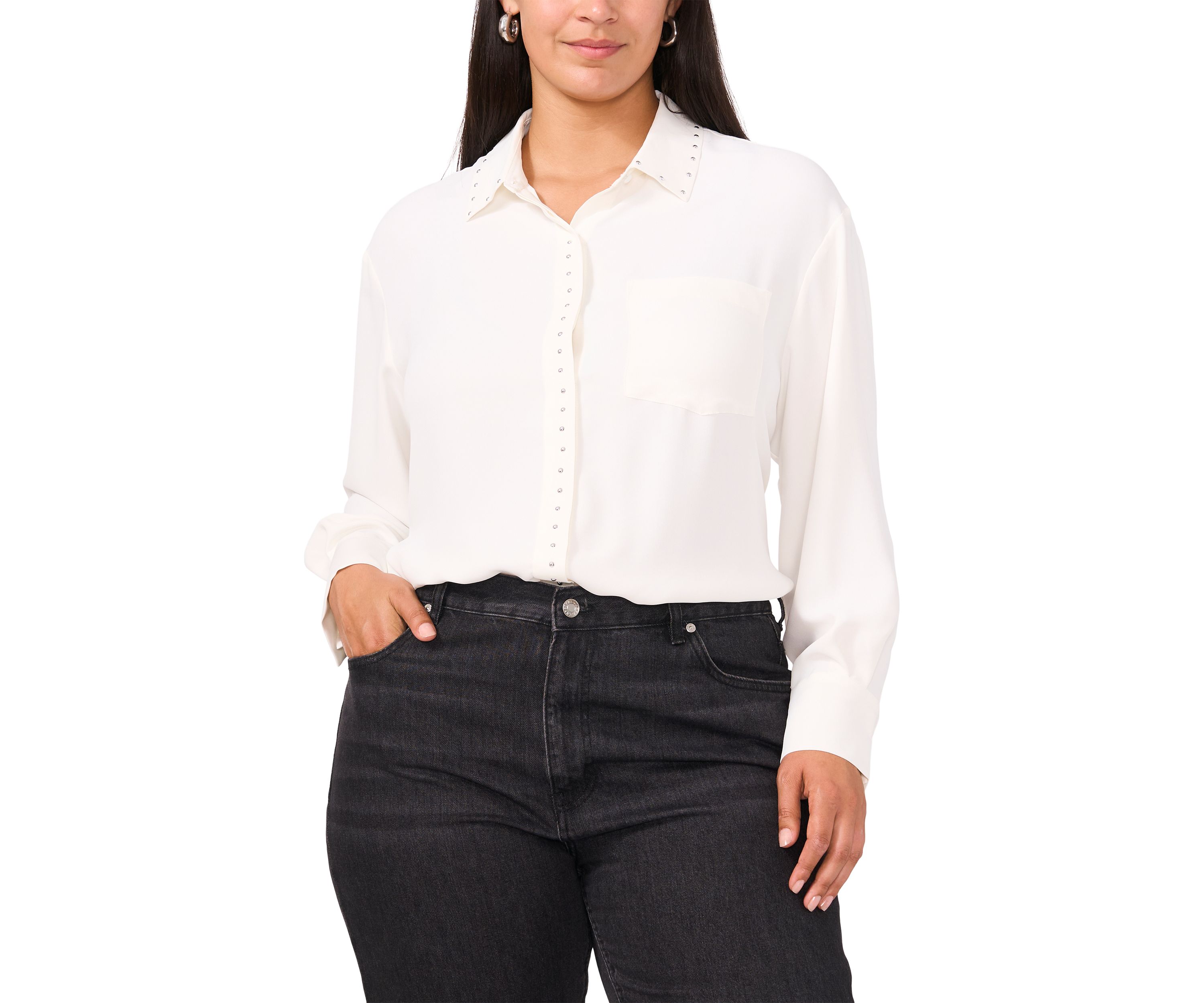 Plus Size Long Sleeve Lurex Stripe Button Down Blouse