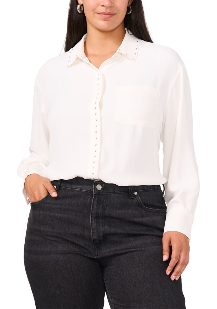 Plus Size Long Sleeve Lurex Stripe Button Down Blouse
