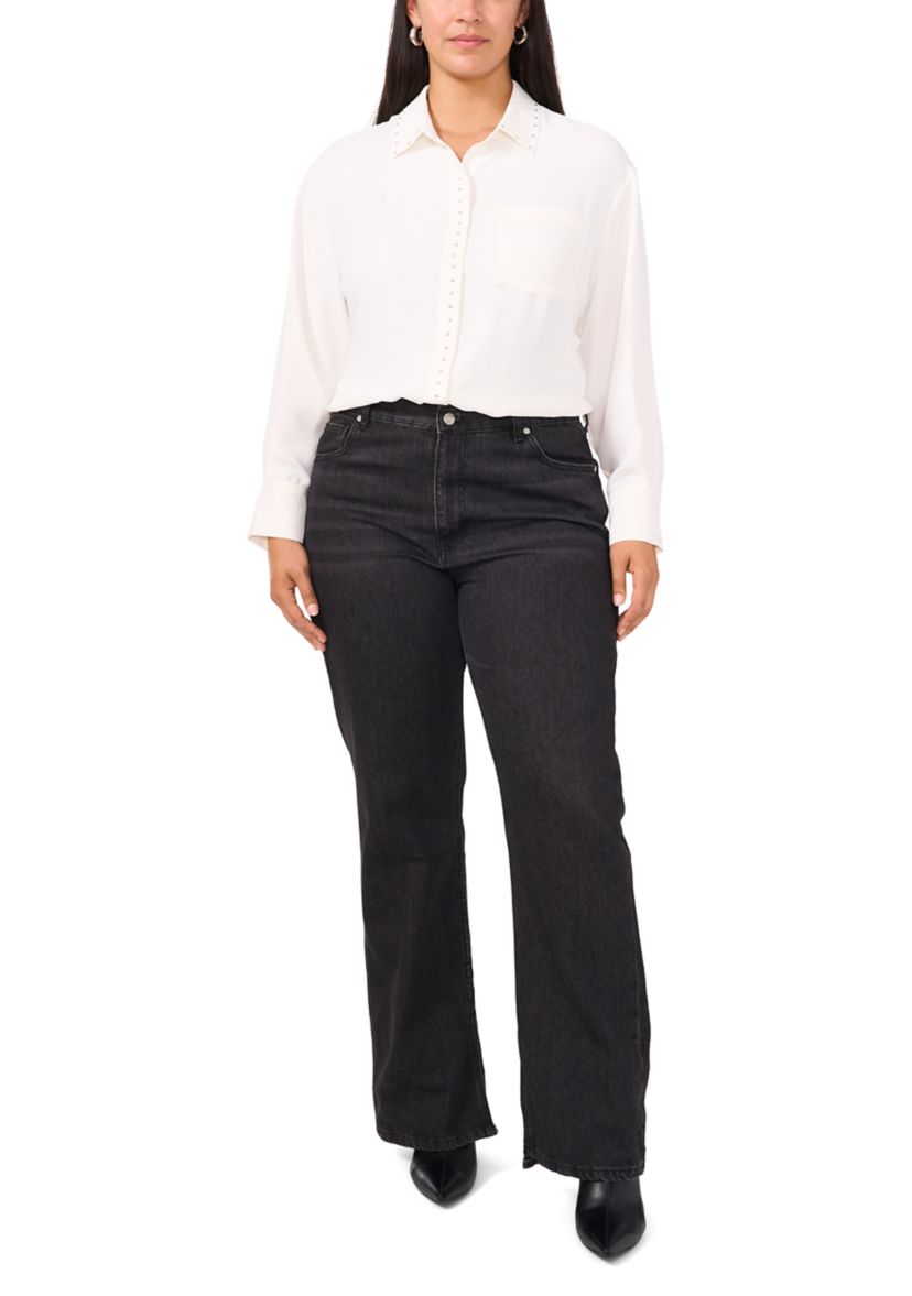 Plus Size Long Sleeve Lurex Stripe Button Down Blouse