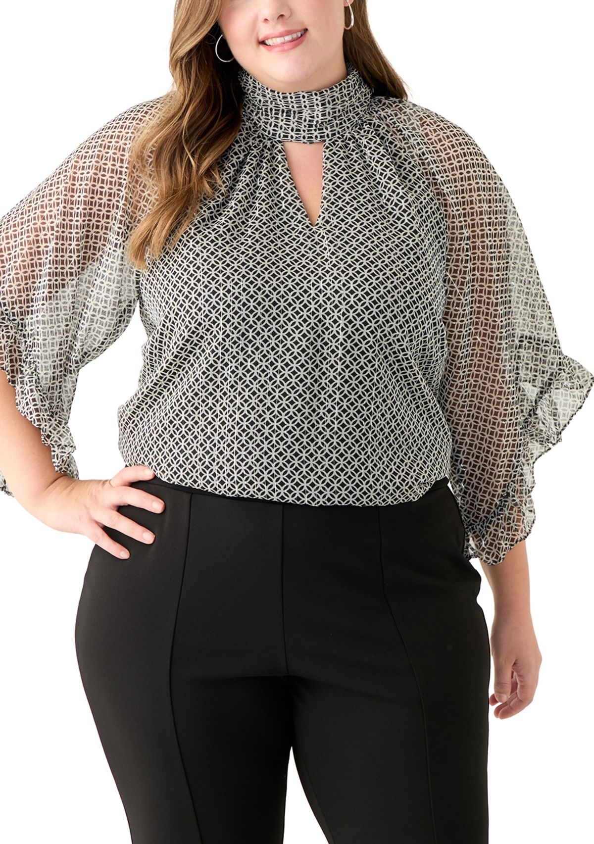 Plus Size 3/4 Flutter Sleeve Keyhole Blouse 