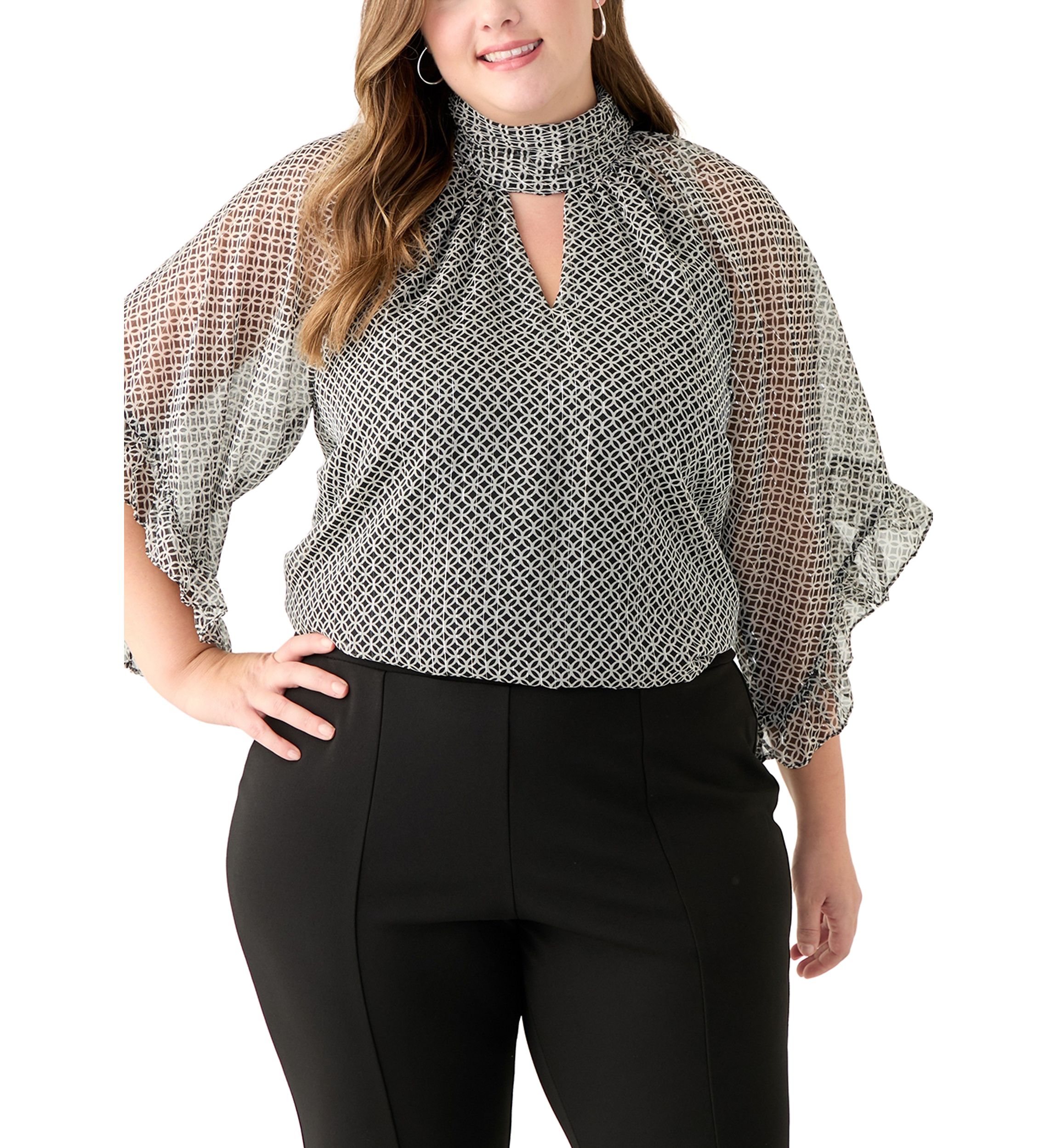 Plus Size 3/4 Flutter Sleeve Keyhole Blouse 