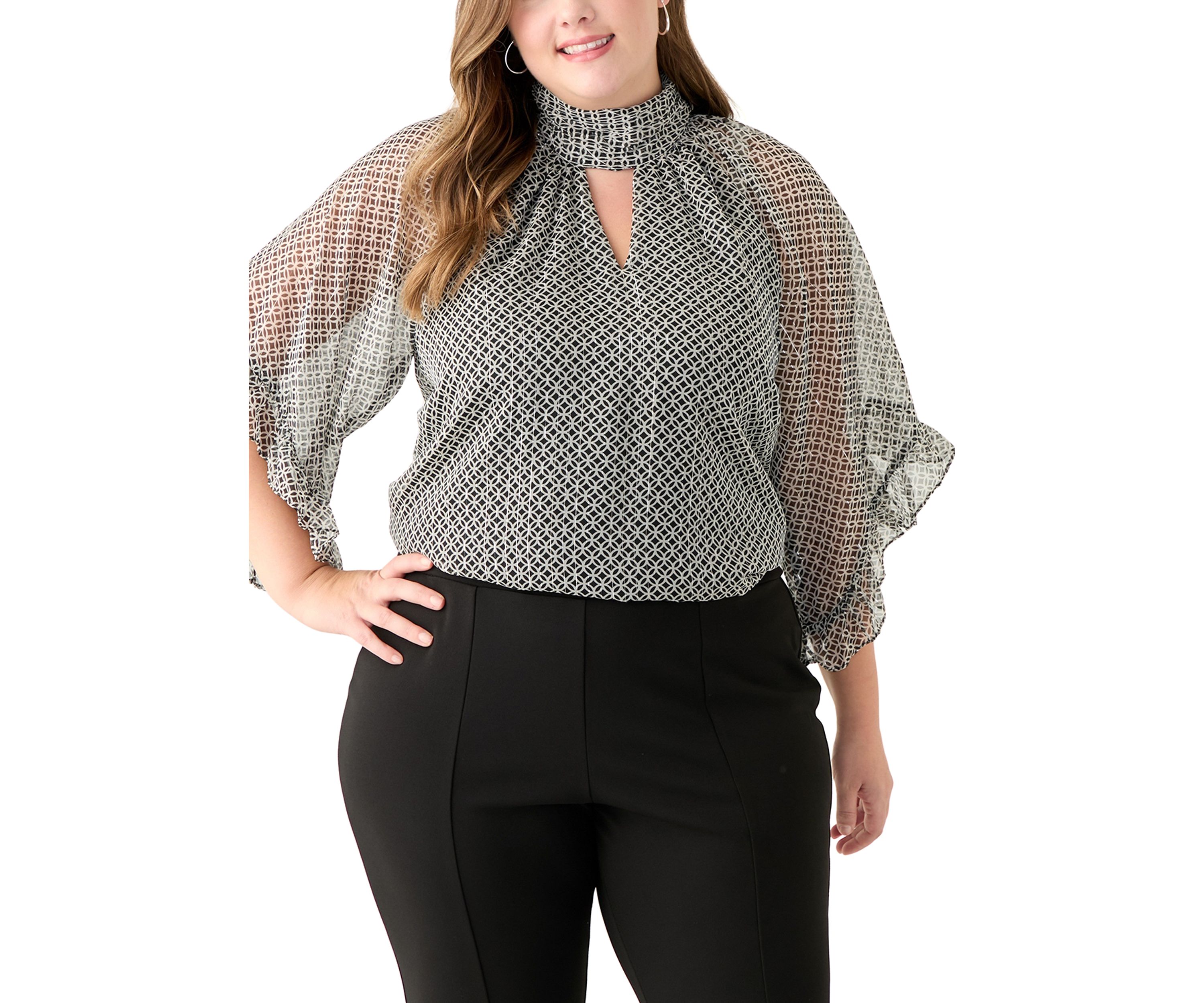 Plus Size 3/4 Flutter Sleeve Keyhole Blouse 