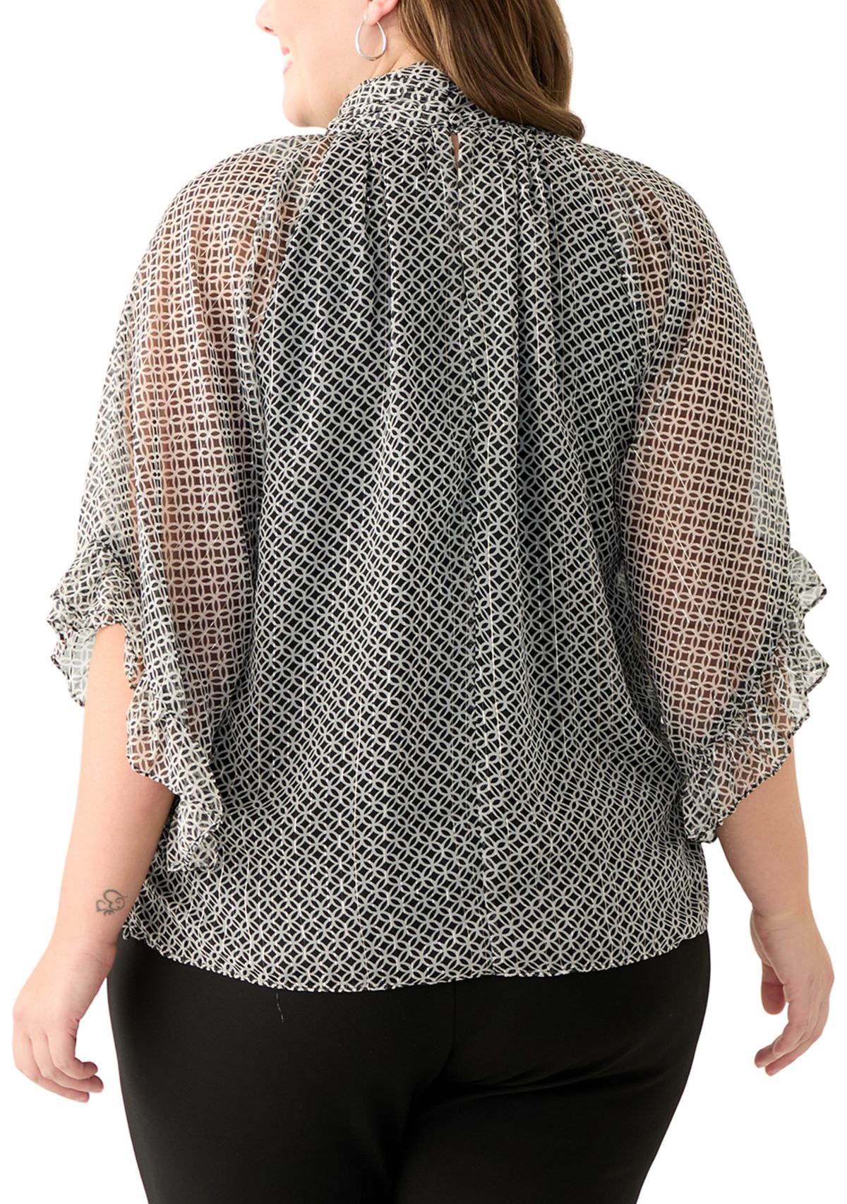 Plus Size 3/4 Flutter Sleeve Keyhole Blouse 