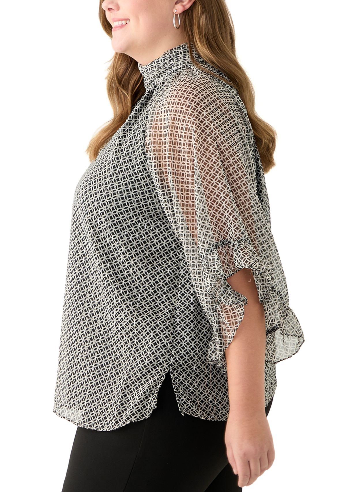 Plus Size 3/4 Flutter Sleeve Keyhole Blouse 
