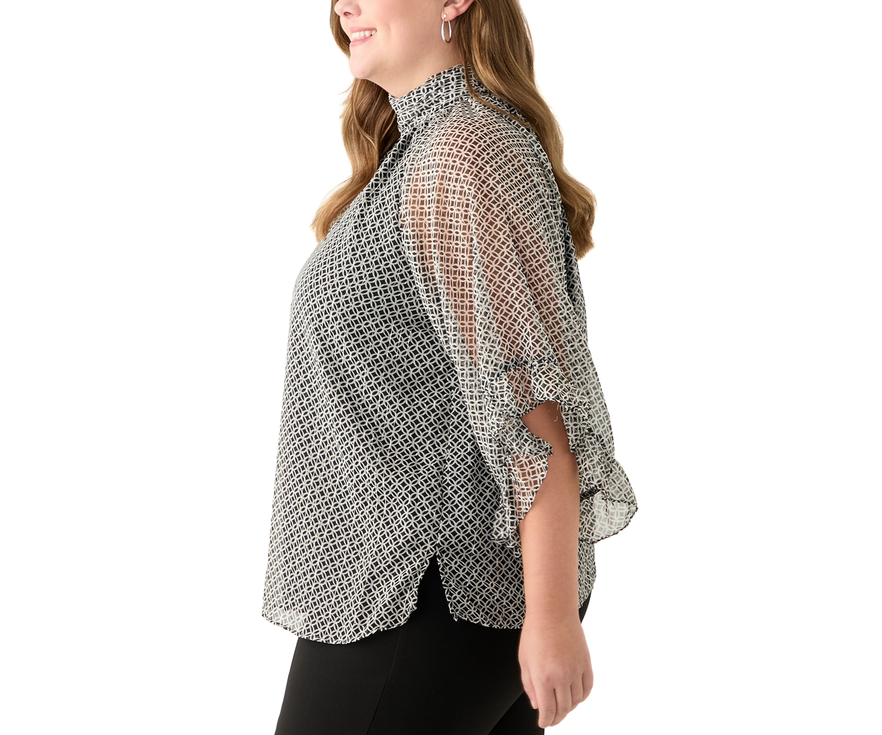 Plus Size 3/4 Flutter Sleeve Keyhole Blouse 