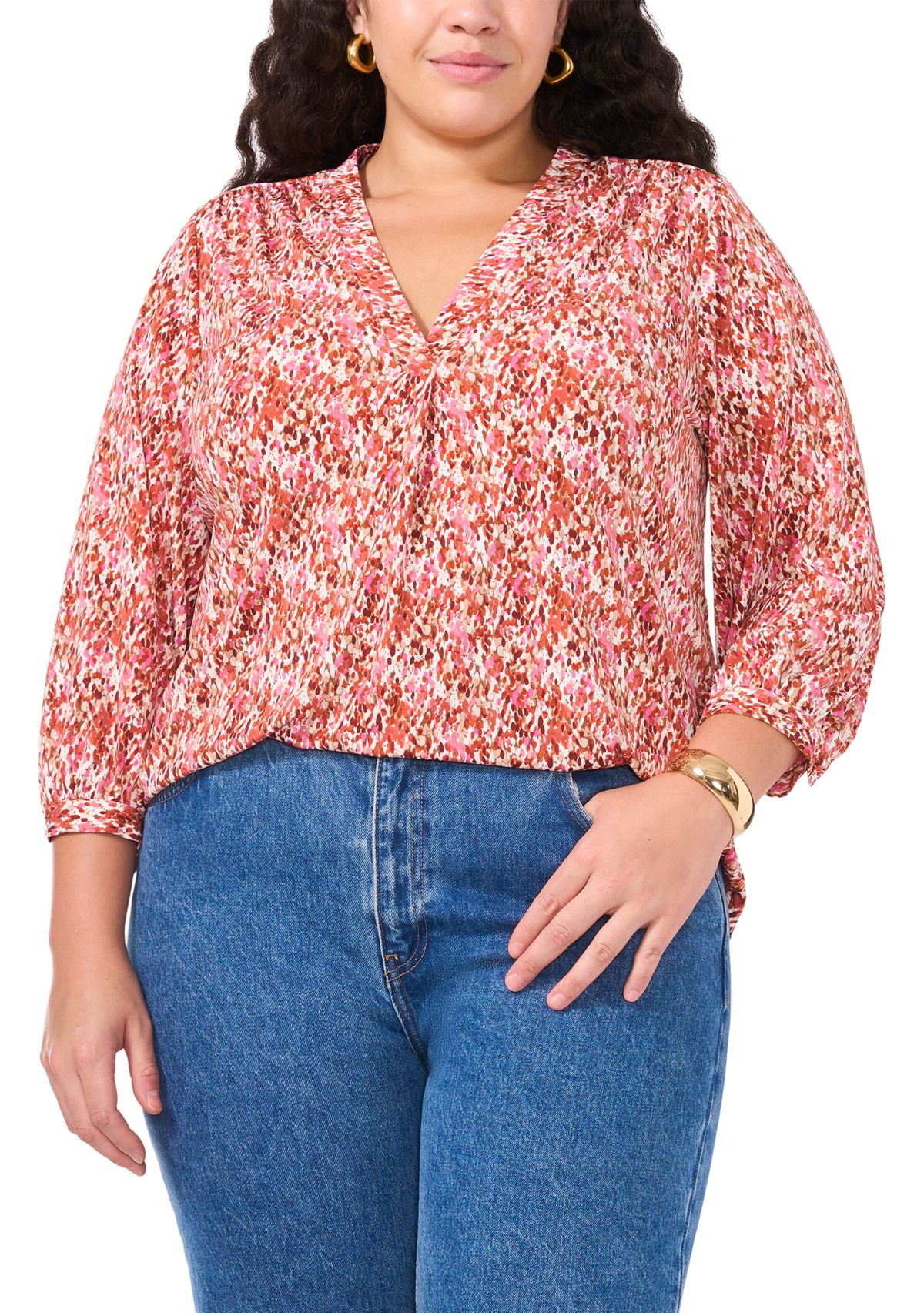 Plus Size Long Sleeve Split Neck Rumple Blouse