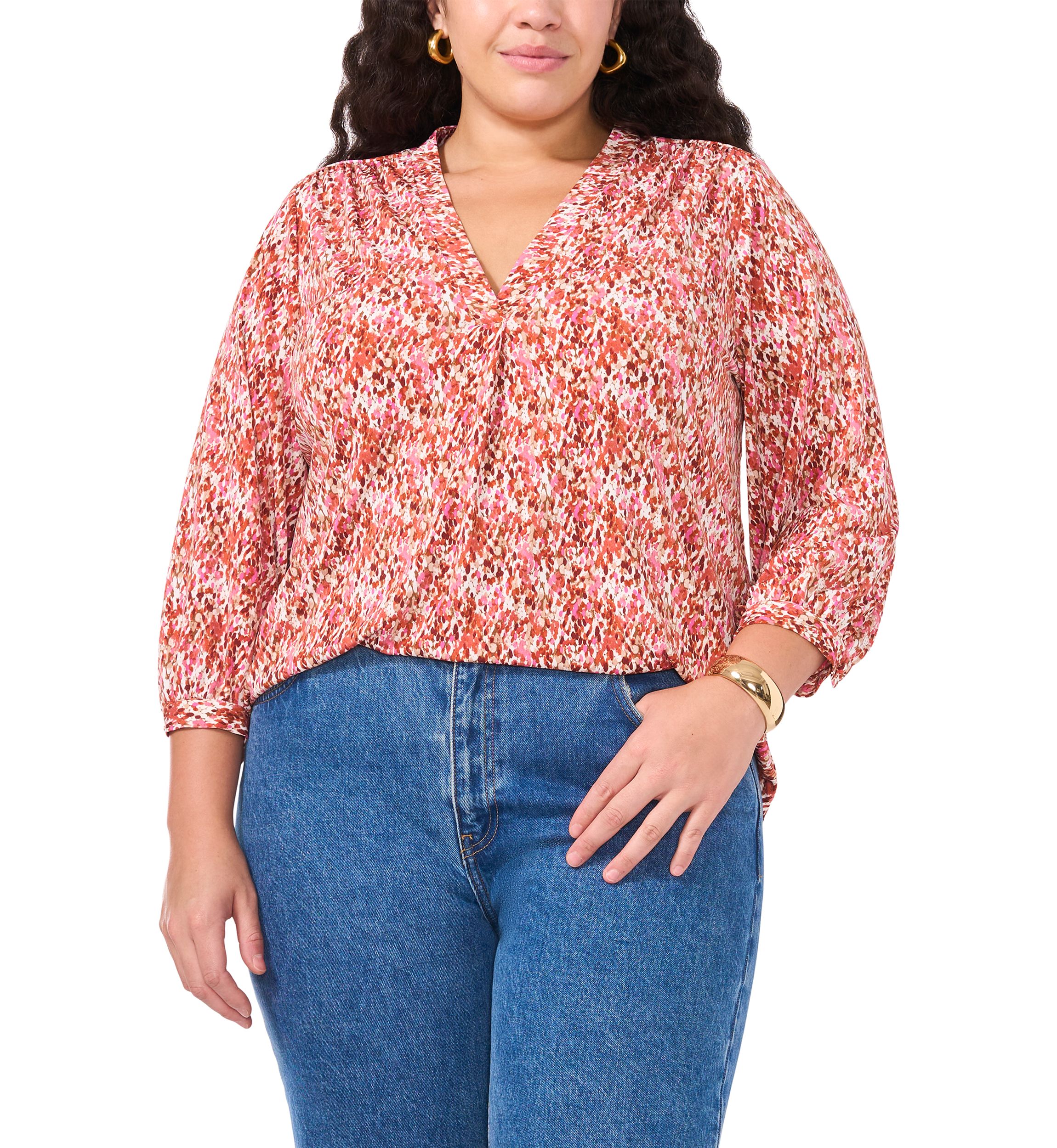 Plus Size Long Sleeve Split Neck Rumple Blouse