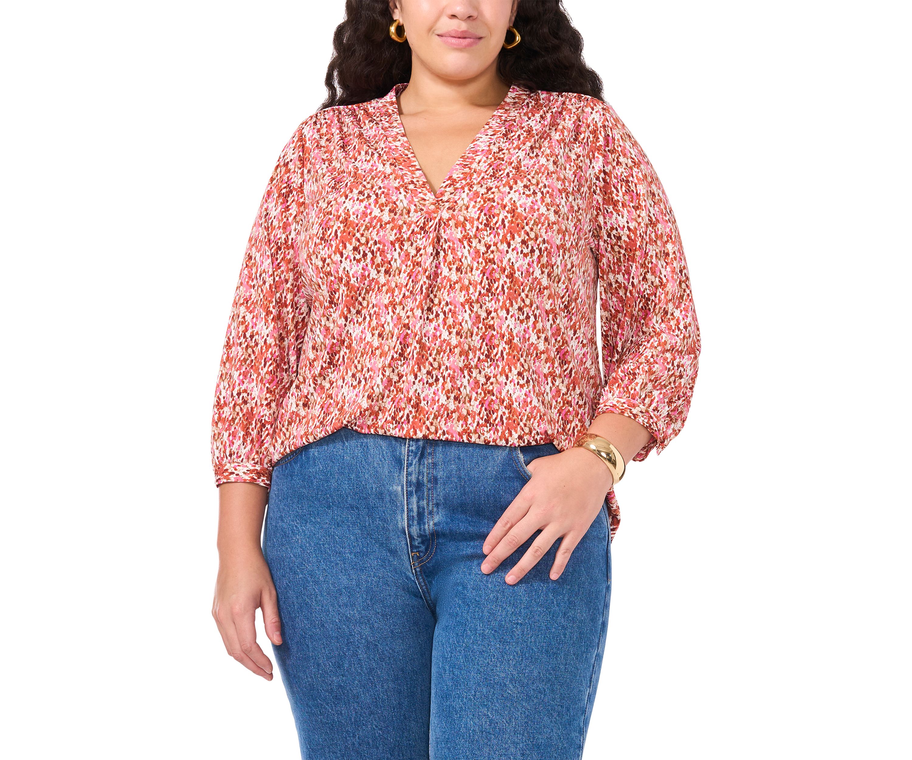 Plus Size Long Sleeve Split Neck Rumple Blouse