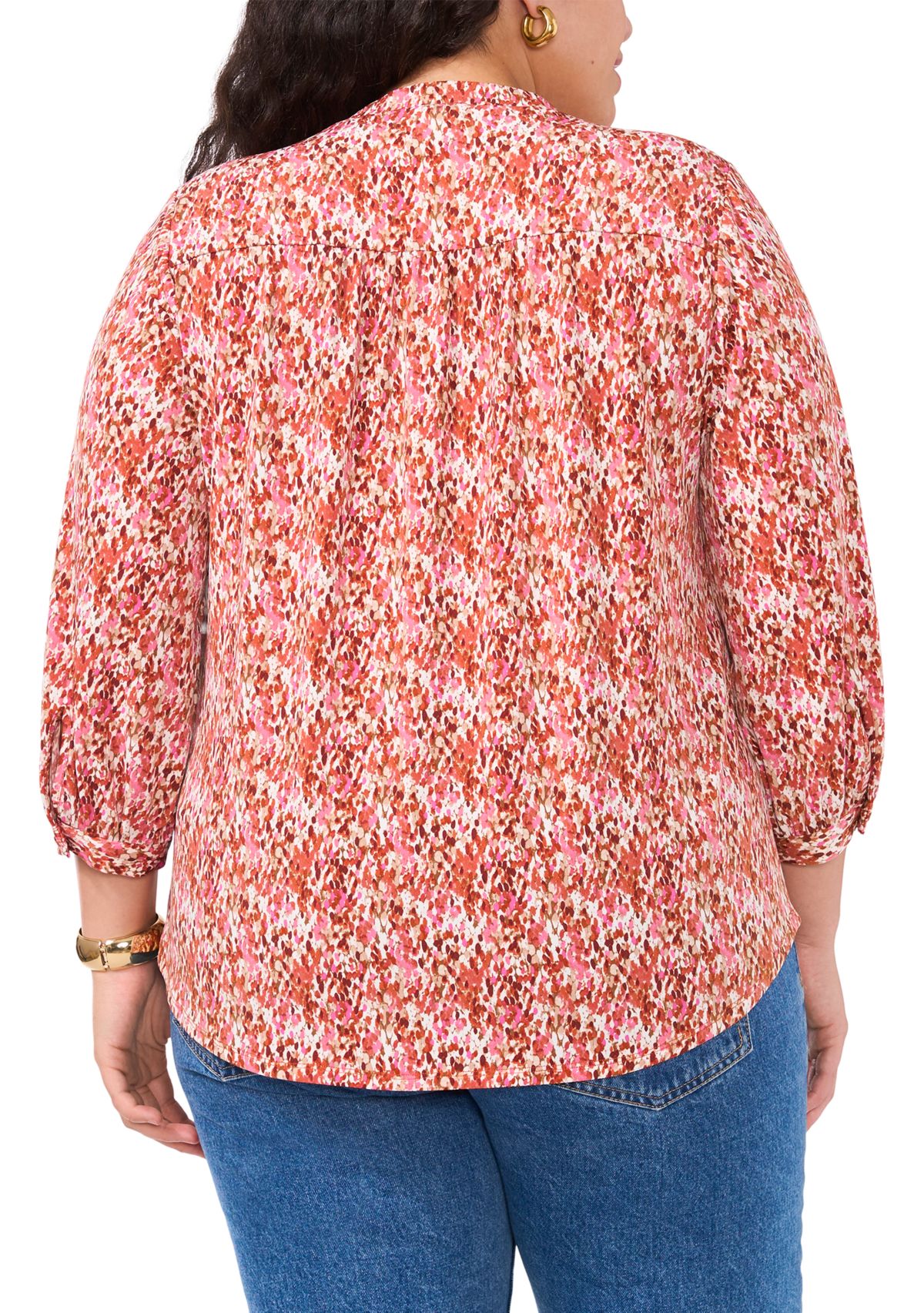 Plus Size Long Sleeve Split Neck Rumple Blouse