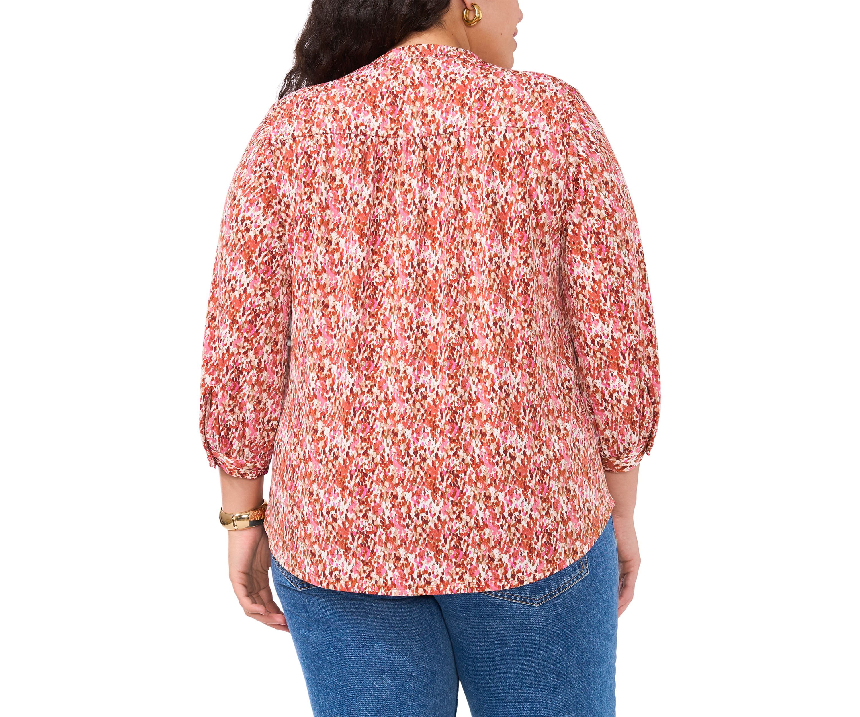Plus Size Long Sleeve Split Neck Rumple Blouse