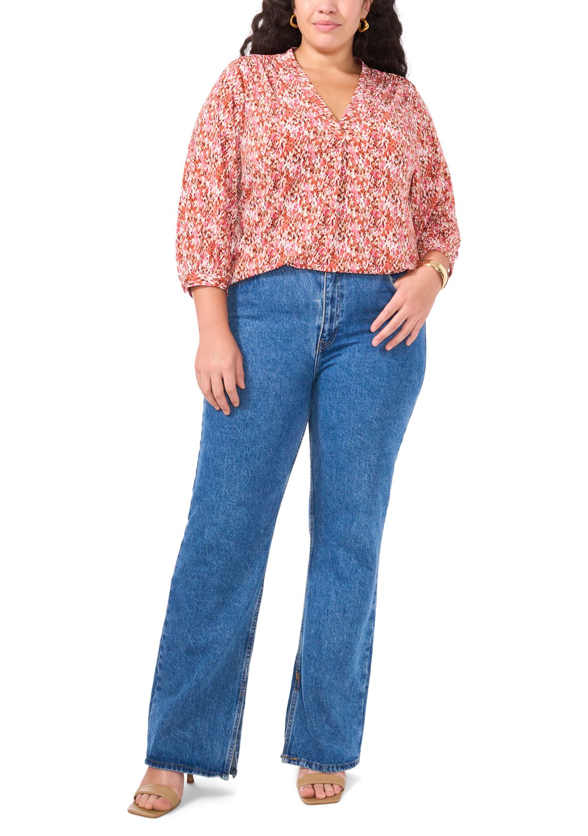 Plus Size Long Sleeve Split Neck Rumple Blouse