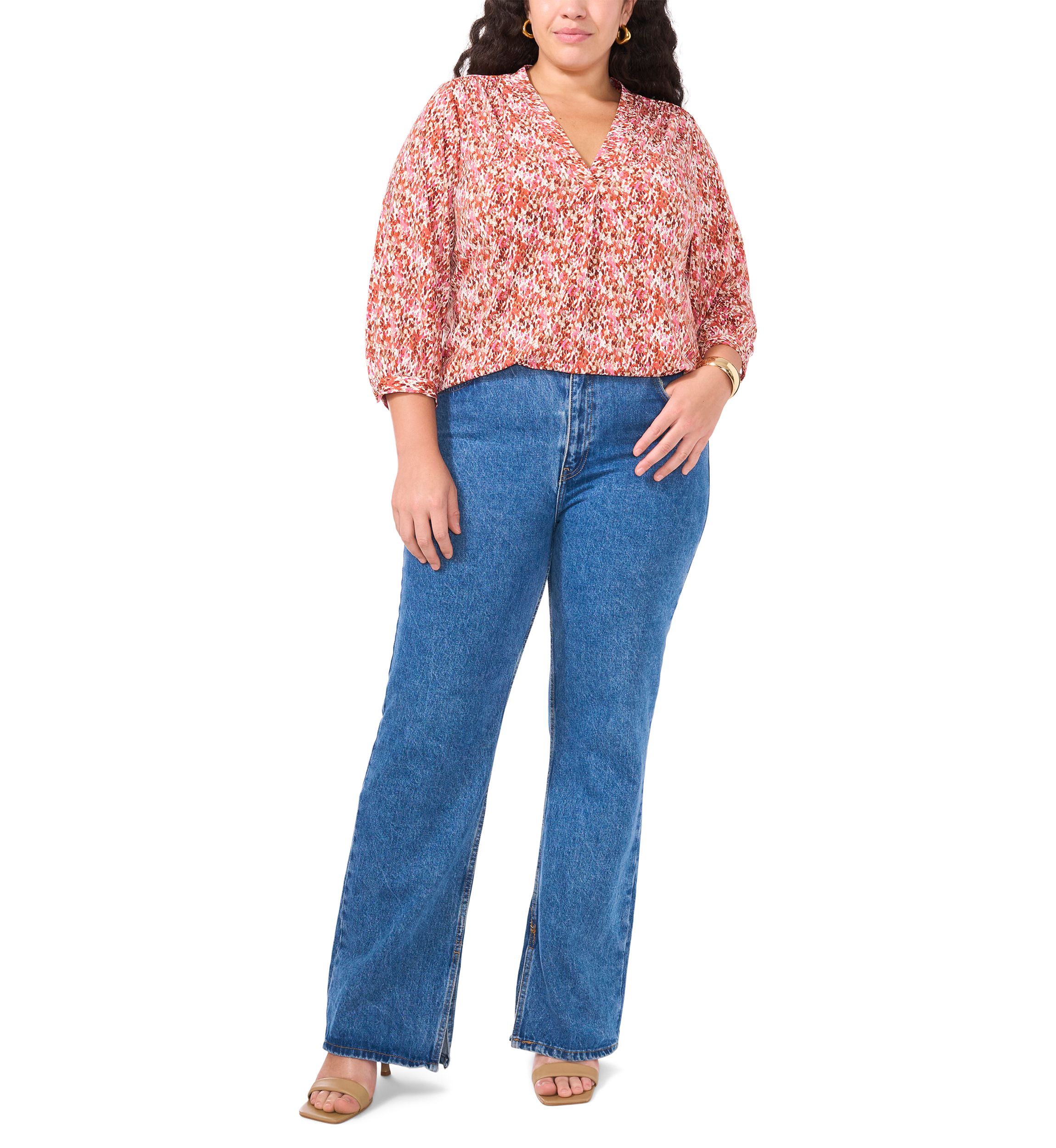 Plus Size Long Sleeve Split Neck Rumple Blouse