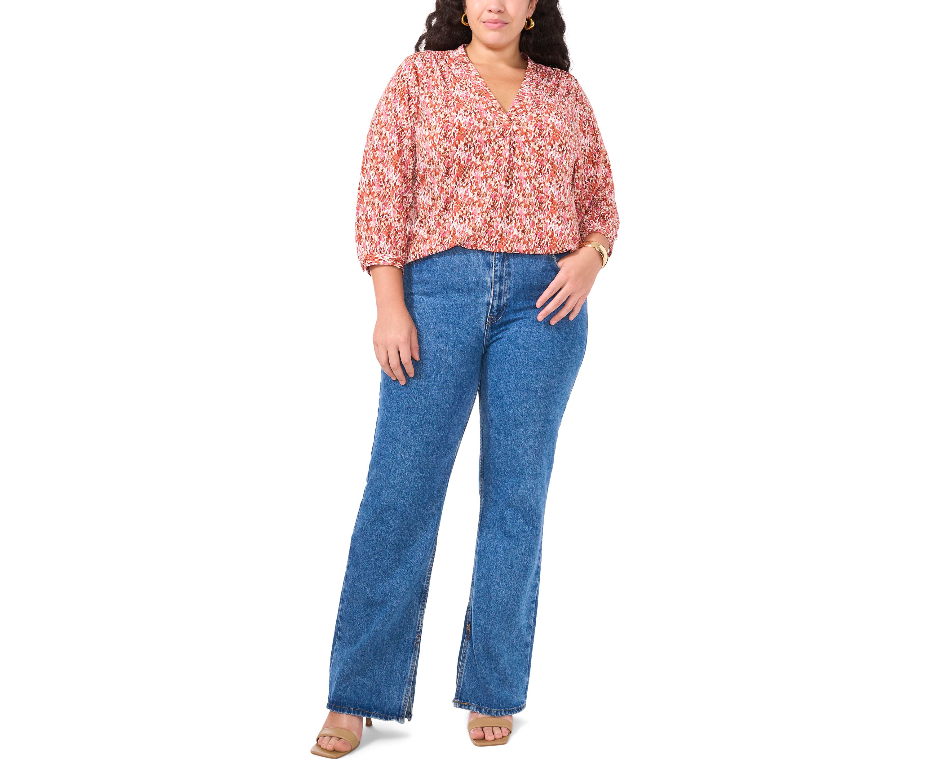 Plus Size Long Sleeve Split Neck Rumple Blouse