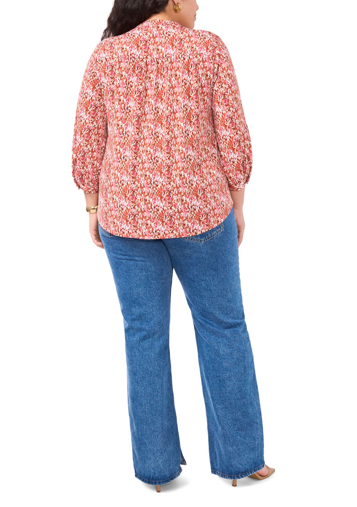 Plus Size Long Sleeve Split Neck Rumple Blouse