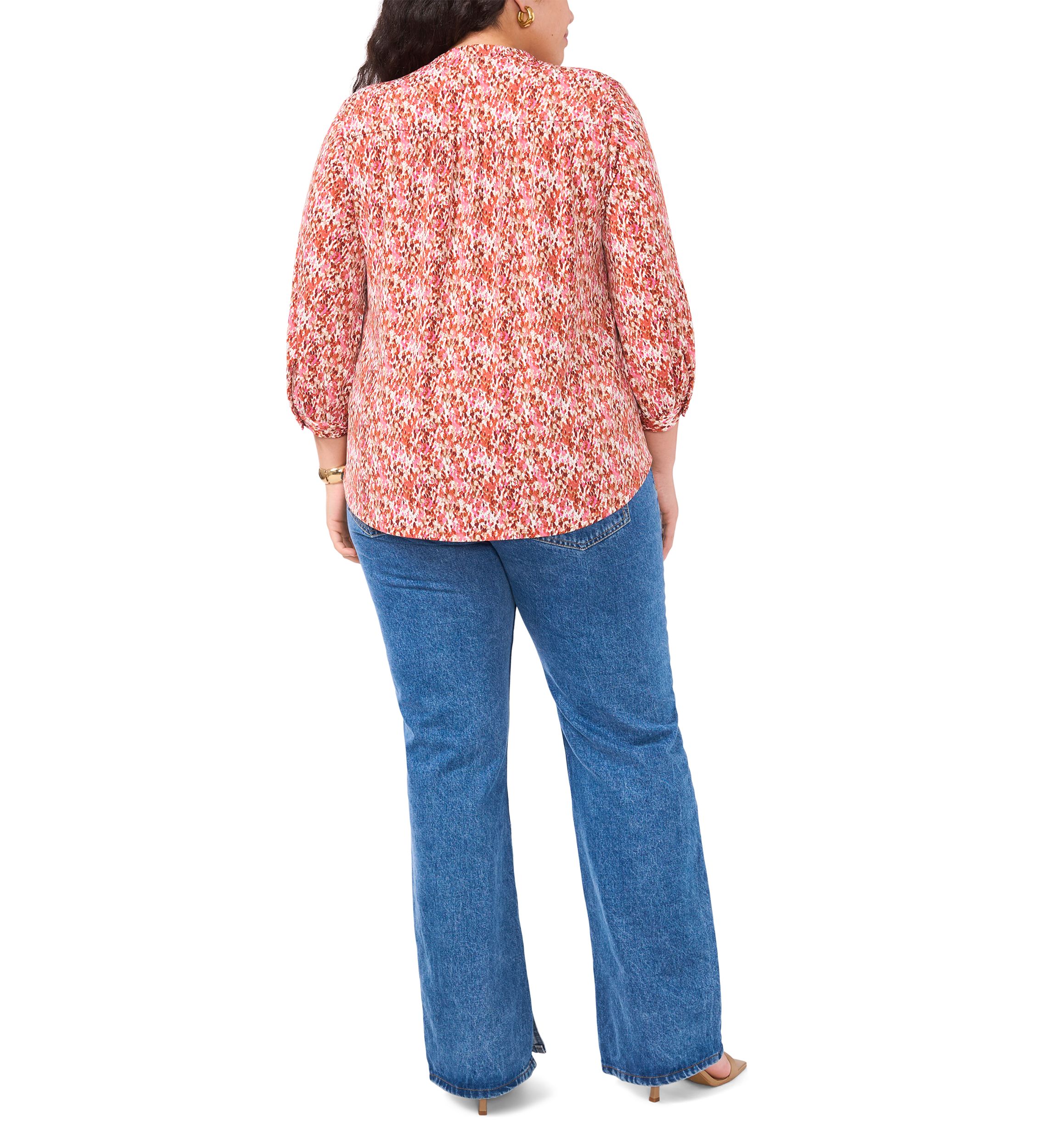 Plus Size Long Sleeve Split Neck Rumple Blouse