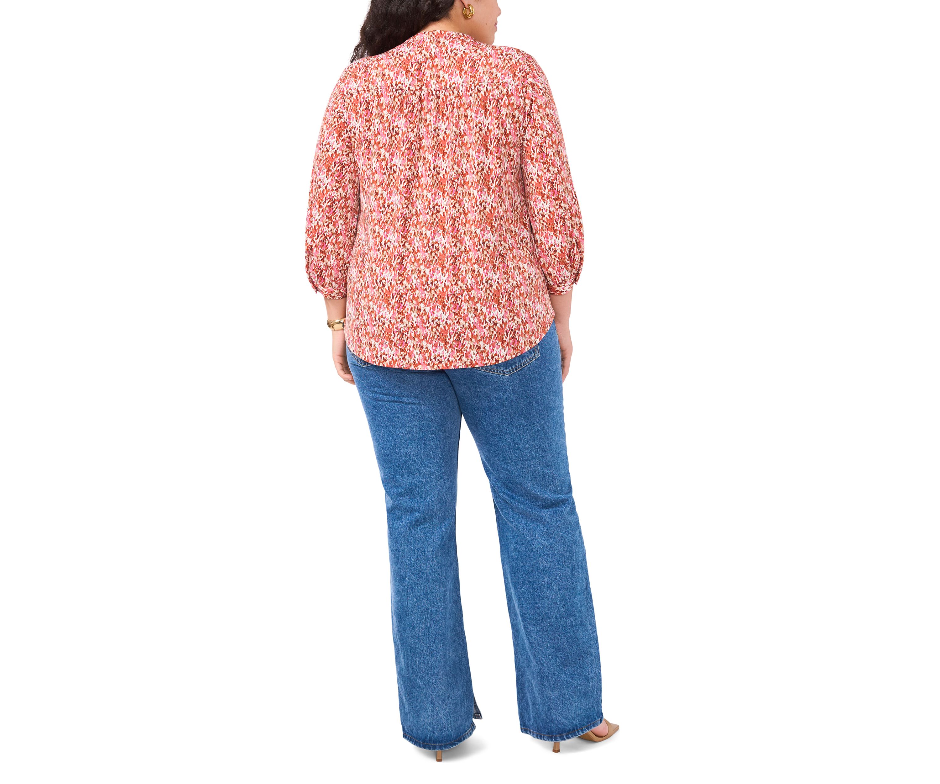 Plus Size Long Sleeve Split Neck Rumple Blouse