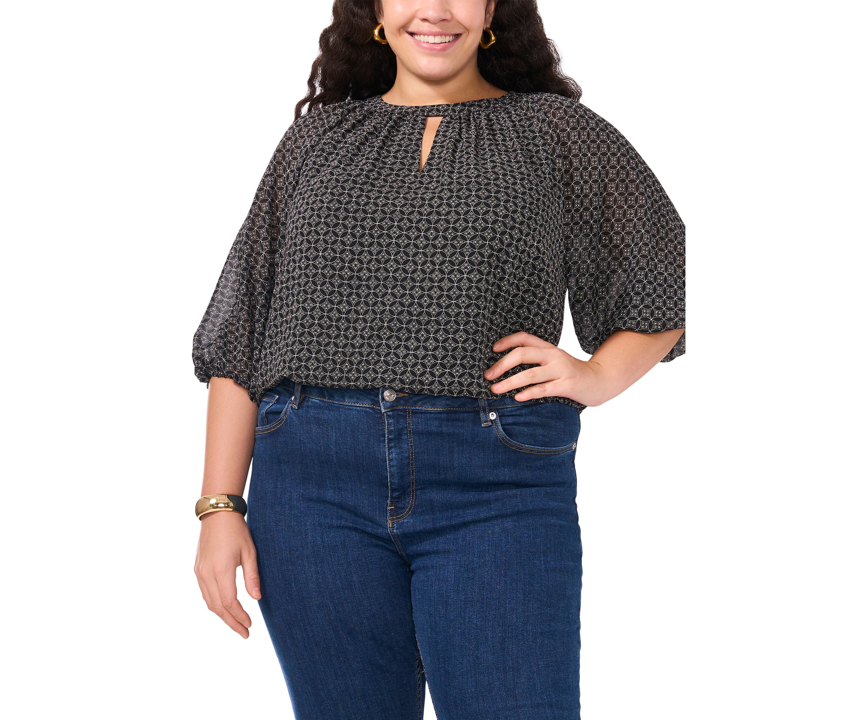 Plus Size Keyhole 3/4 Sleeve Blouse