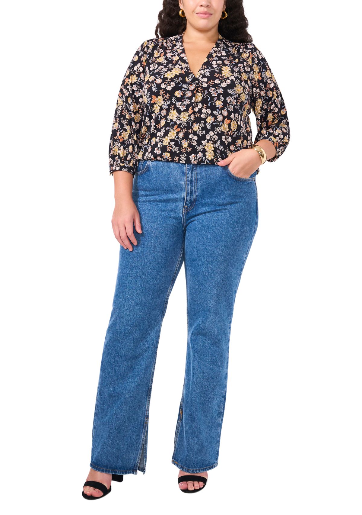 Plus Size Knit Split Neck Blouse