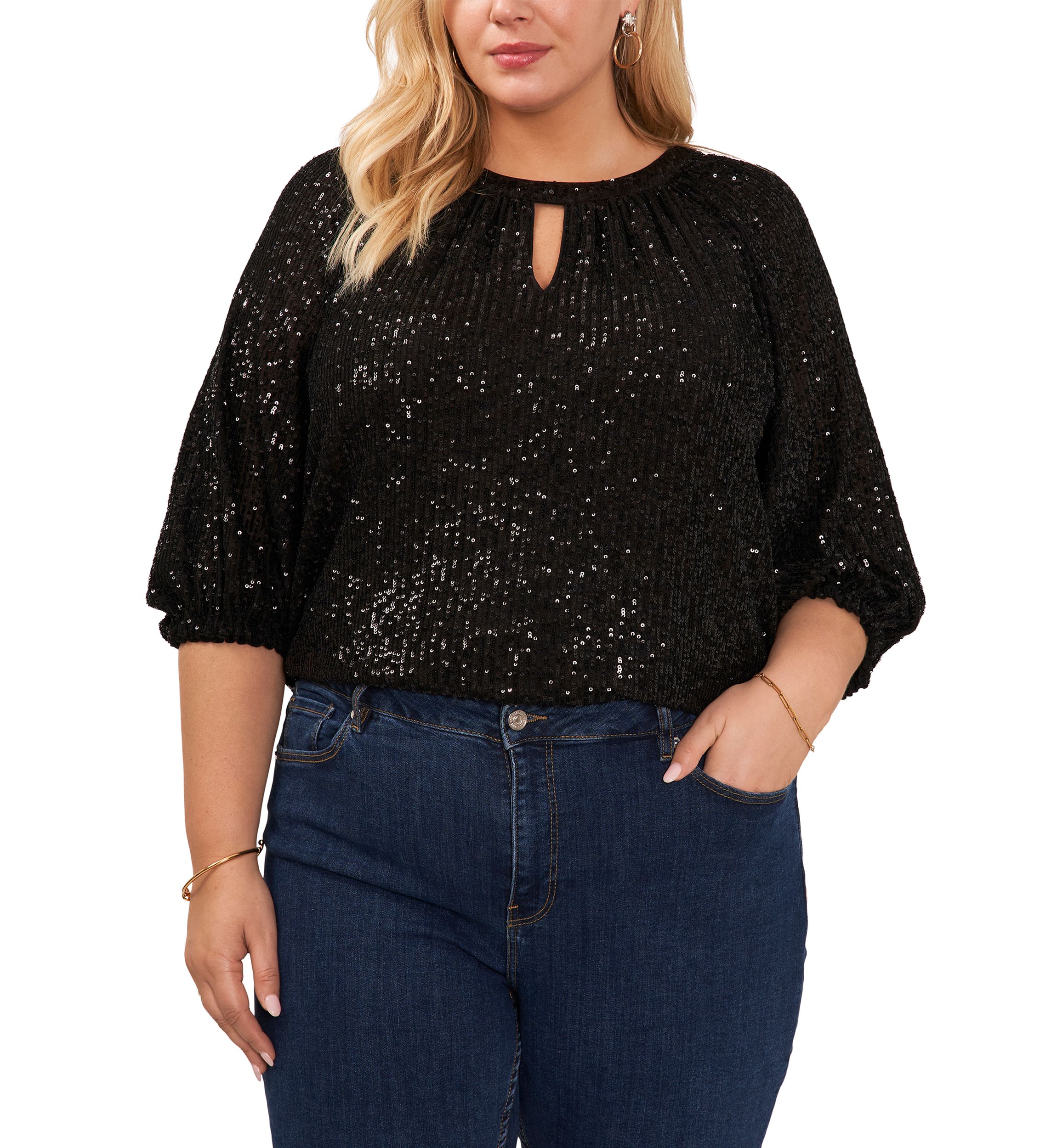 Plus Size Keyhole Sequin Blouse