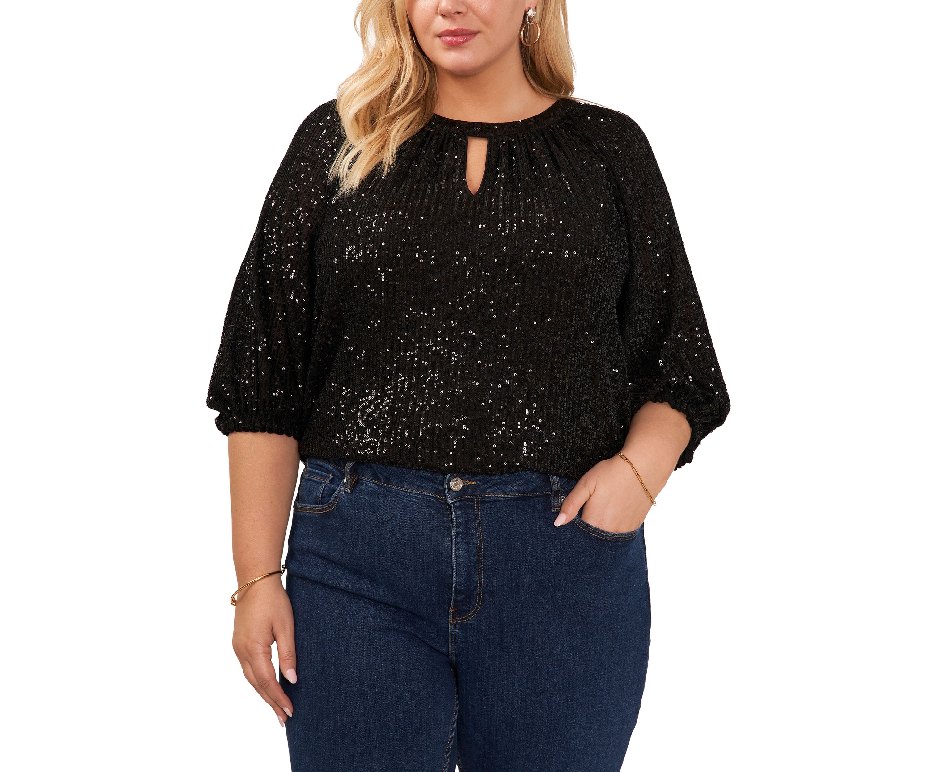 Plus Size Keyhole Sequin Blouse