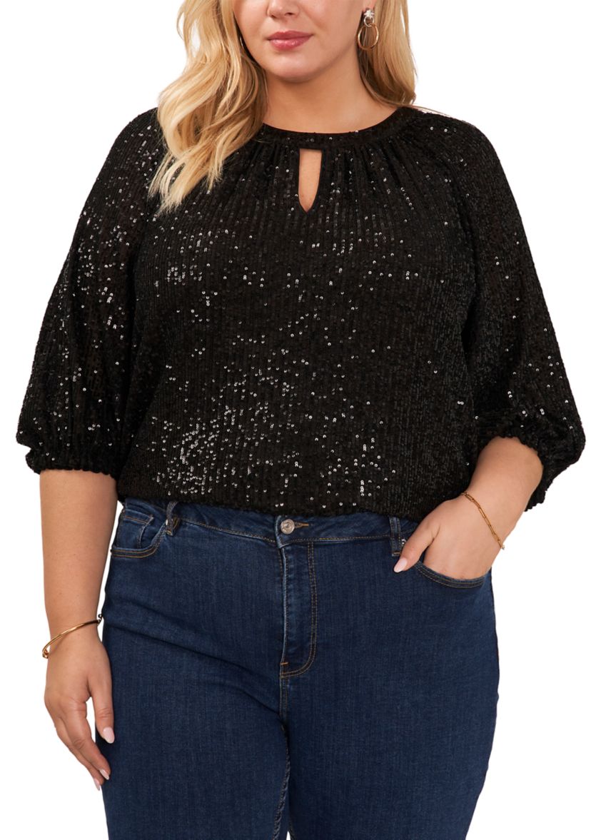 Plus Size Keyhole Sequin Blouse