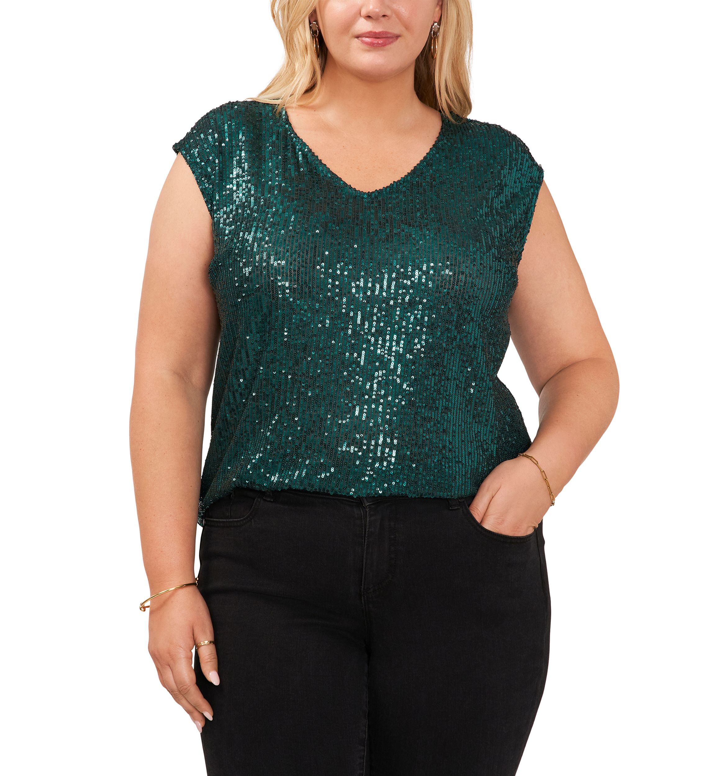 Plus Size Cap Sleeve Sequin V-Neck Top 