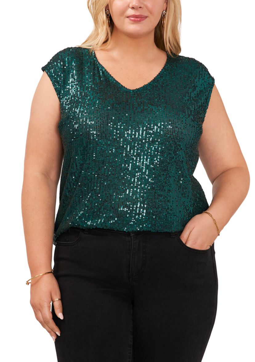 Plus Size Cap Sleeve Sequin V-Neck Top 